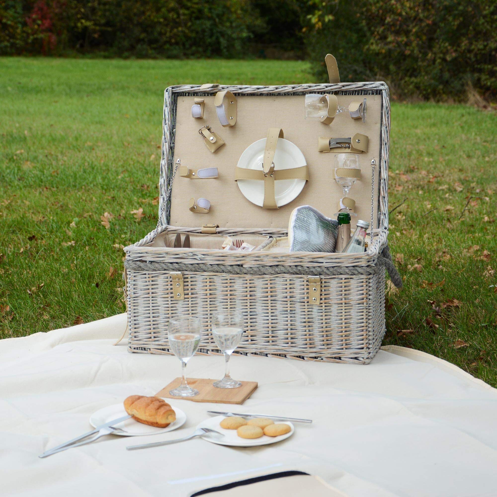 UNUS Ensemble de pique-nique pour 4 personnes avec panier de pique-nique, couverture de pique-nique, couverts et vaisselle