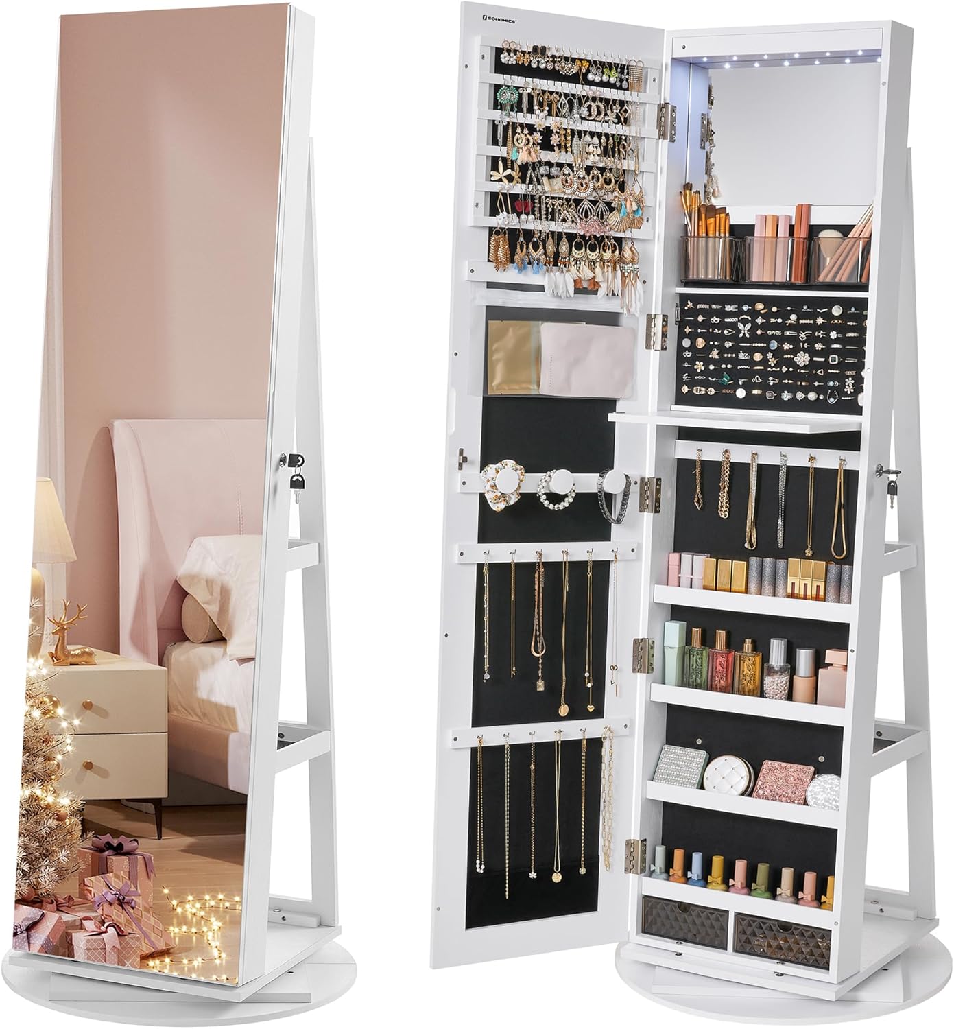 SONGMICS SONGMICS 6 LEDs Lockable Mirror Jewelry Cabinet, 360° Swivel Jewelry Organizer Armoire Standing, Frameless Full-Length Mirror, 3 Storage Shelves, Christmas Gifts, White Surface Black Lining U