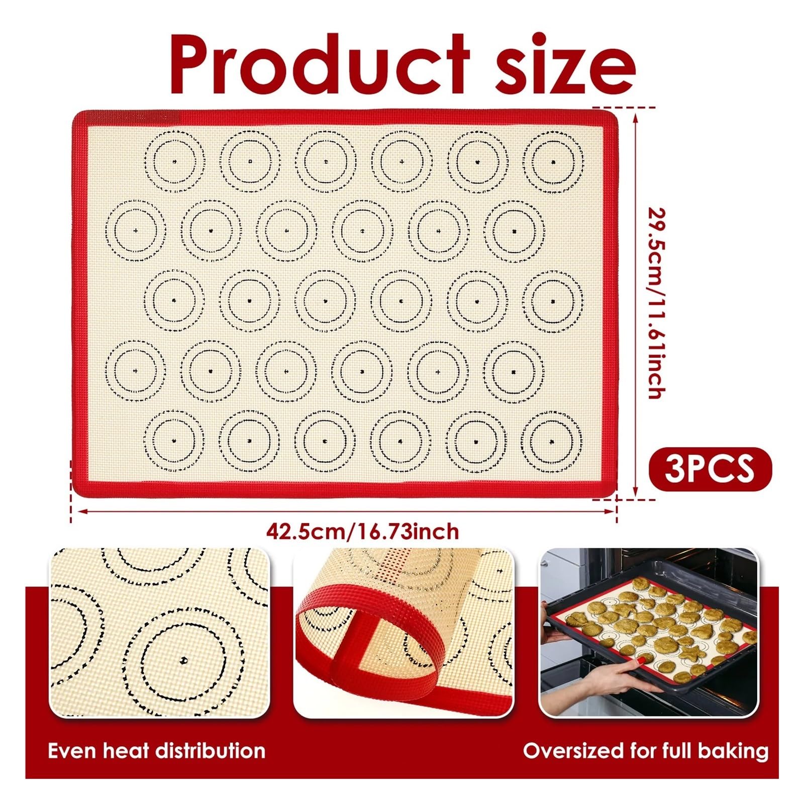 Tappetino in silicone per macaron Tappetino da forno in silicone for macaron, 3 pezzi, riscaldamento uniforme, tappetino for biscotti, antiaderente, for pasticceria, cucina, for stendere l'impasto