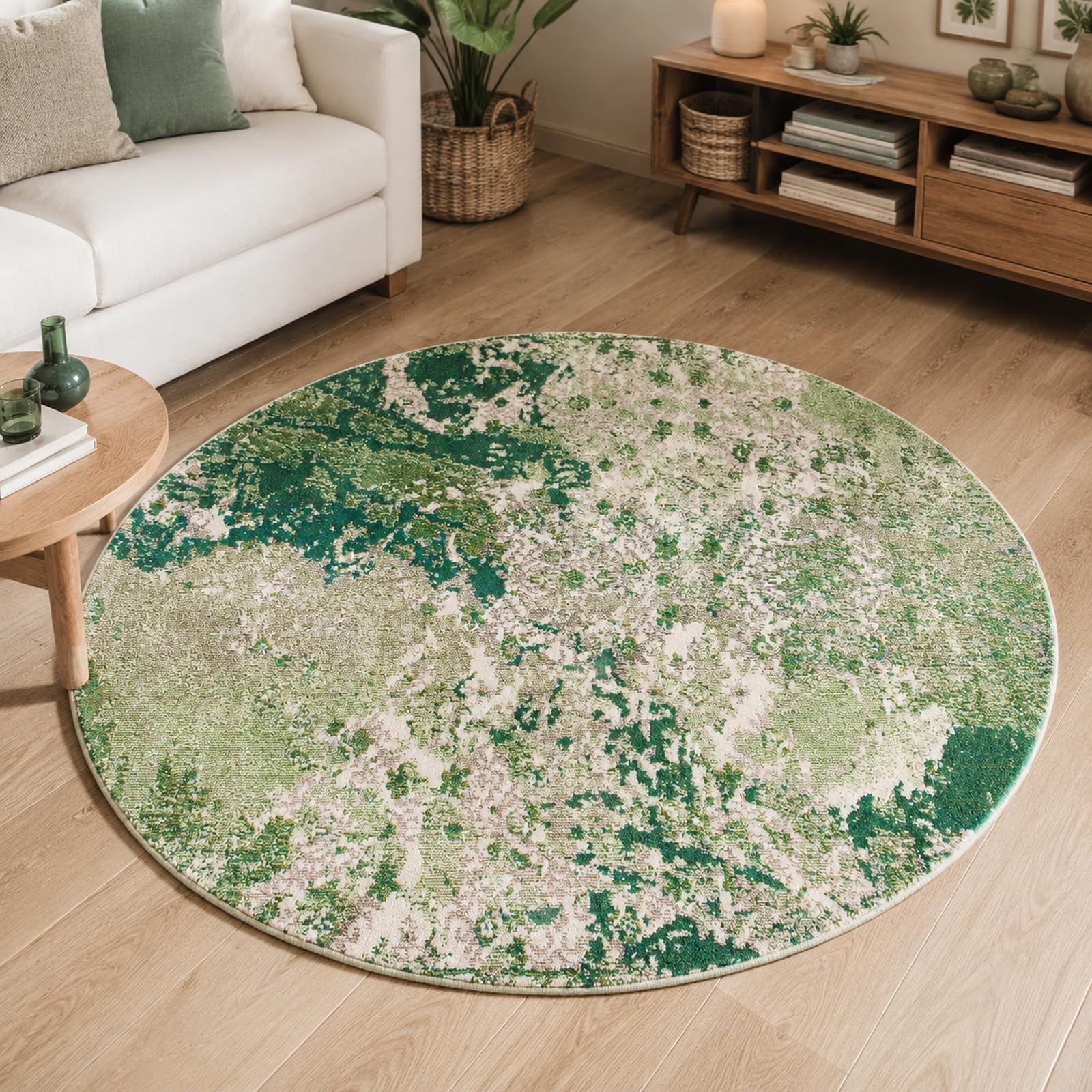 Tapis rond abstrait vert et beige 120 cm lavable pour déco de chambre