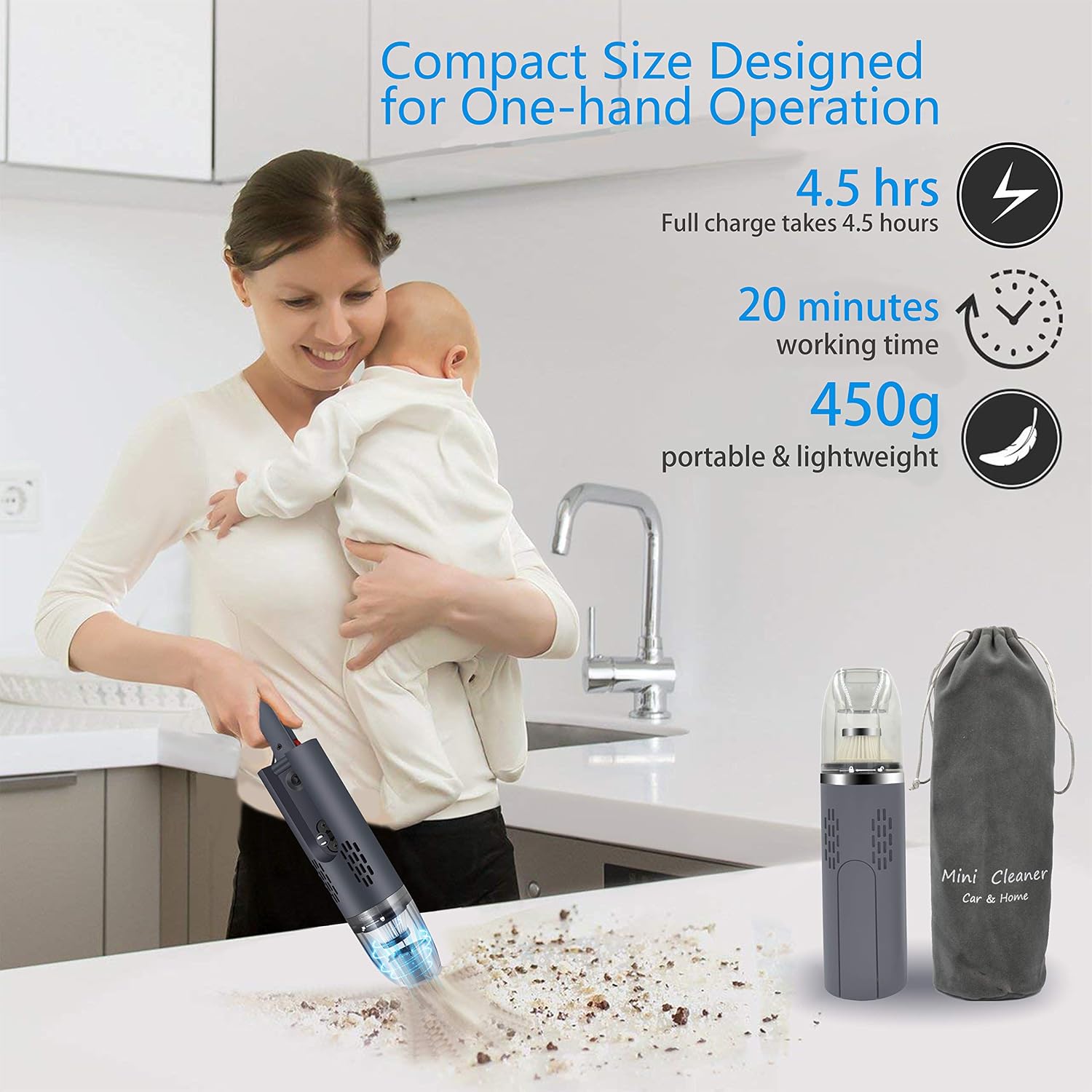 KITHELP Cordless Car Vacuum Hand-held Vacuum Cleaners USB Charging-Pet Hair Vacuums Powerful Suction Wet/Dry Lightweight Vac for Car Home Carpet Cleaning