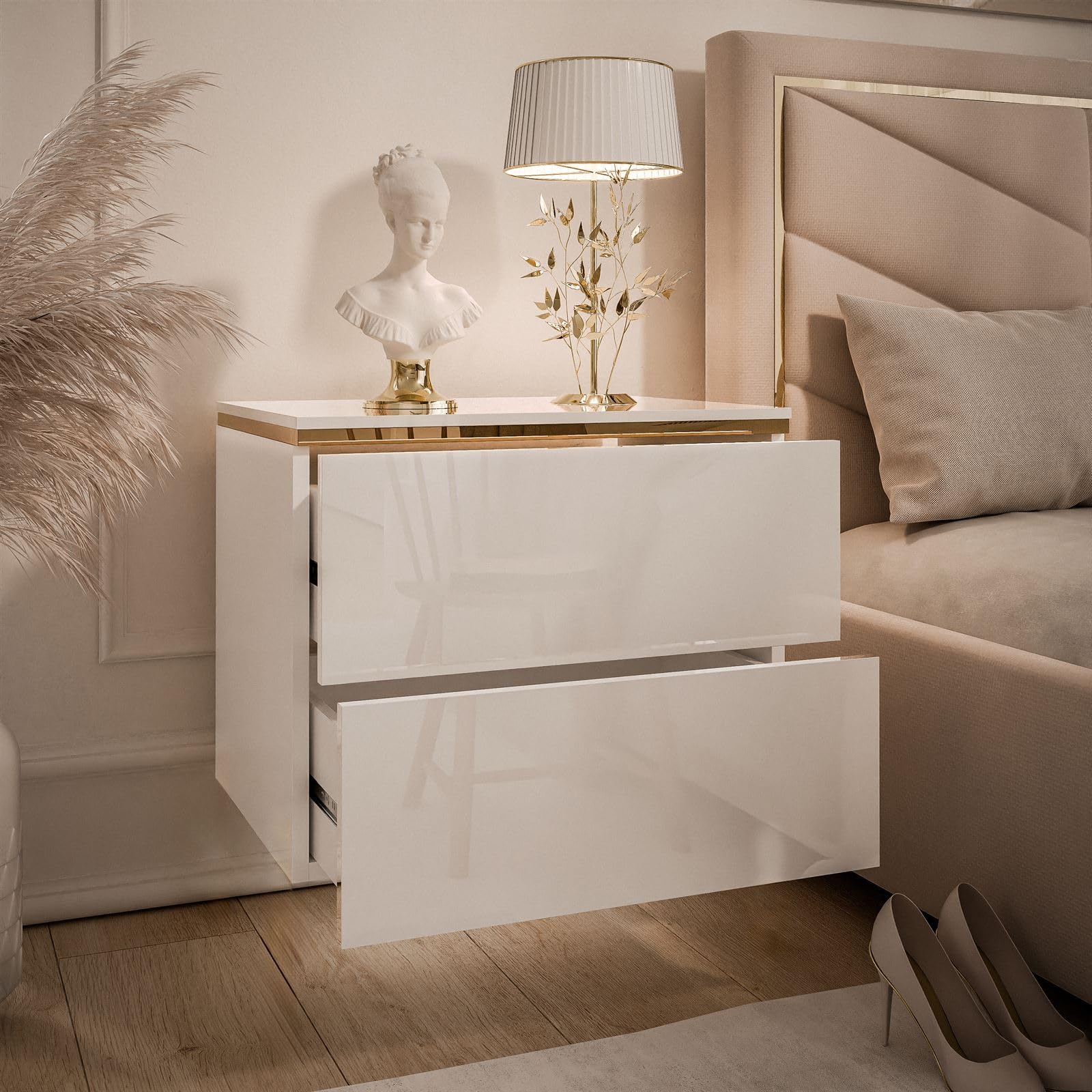 Lookway Nachttisch Aurora II Weiß Hochglanz mit LED Beleuchtung Hängend oder auf Goldenen Beinen Gold Dekorative Leiste Modernes Schlafzimmermöbel (Hängend)
