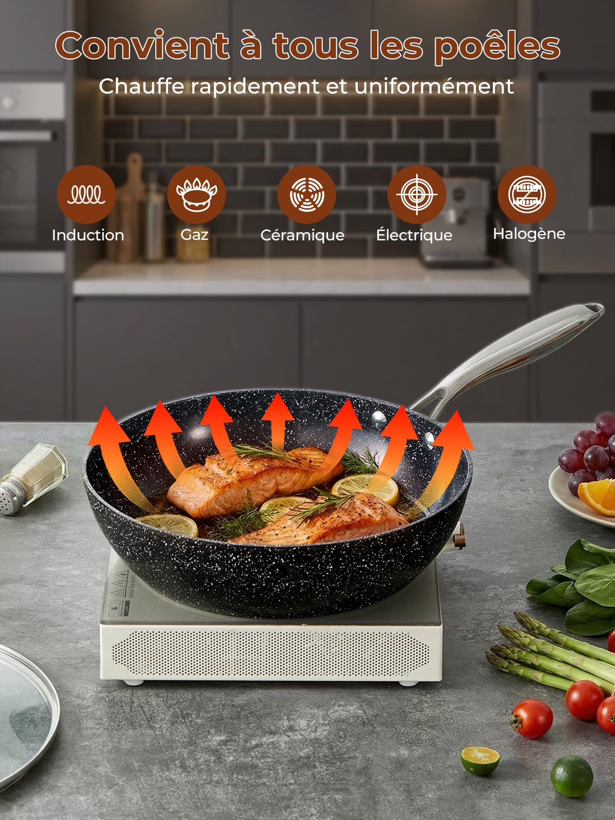 FOHERE Batterie de Cuisine Induction, 17 Pièces Revêtement Antiadhésif | Revêtement Céramique Sets de Poêles et Casseroles avec Couvercle, Aluminium, Noir