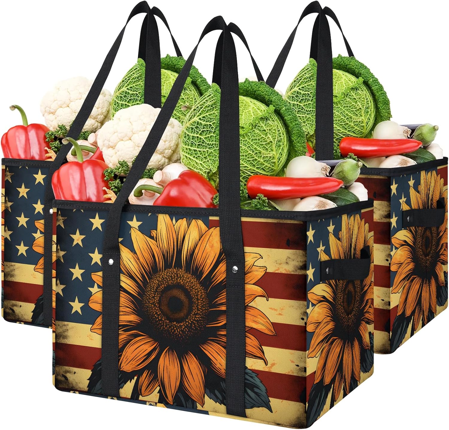 Dreamy Sunflowers Reusable Grocery Bags Foldable Shopping Bags Storage Bins Basket Large Grocery Tote Bag Foldable Shopping Bag with Reinforced Bottom & Handles for Clothes Shoes Picnic, 3pcs