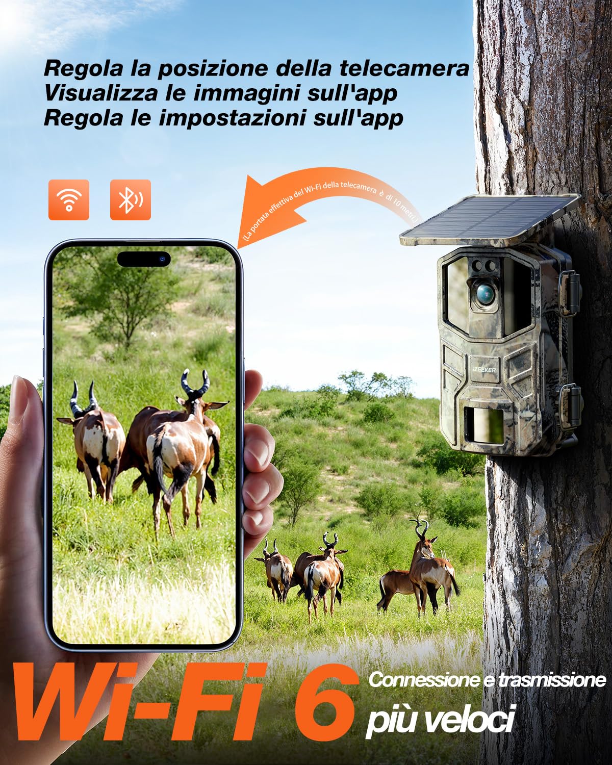iZEEKER Fototrappola App, 4K UHD 64MP Solare Fotocamera Caccia con Scheda SD 64GB & Batteria Ricaricabile da 5200mAh, WiFi Bluetooth, Visione Notturna, Impermeabile IP66 per Monitoraggio Fauna