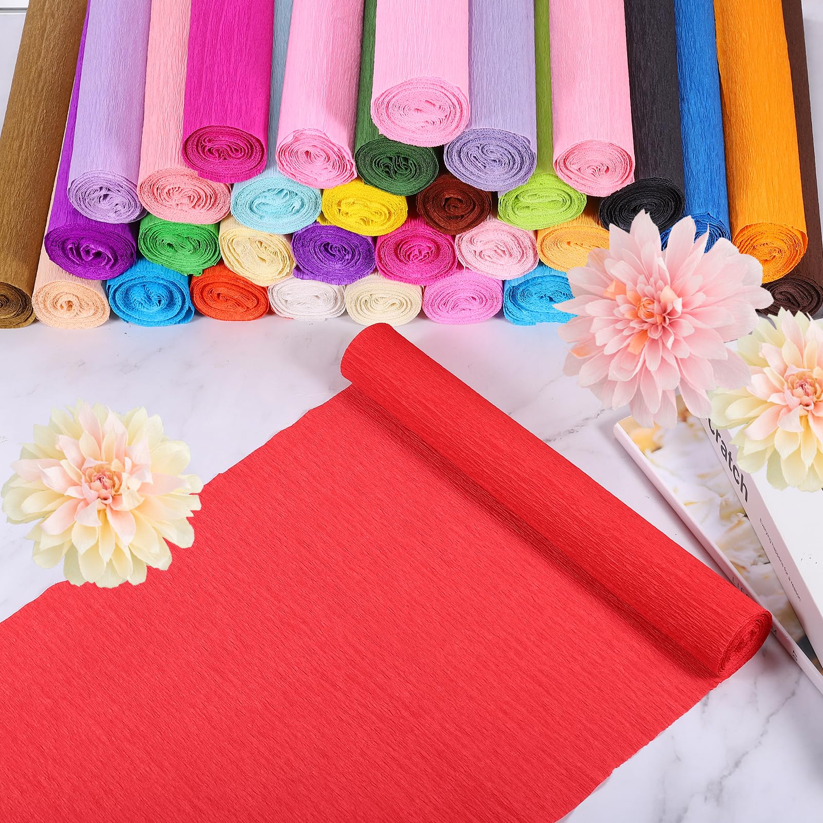 QUARKZMAN 20 kolorów papier do kwiatów kreacja 8,2 stóp x 10 kolorowych krepy, papier rolkowy, kwiaty DIY zestaw z kwiatami, żelazny drut łodyga, liście wstążka na urodziny ślub dekoracja
