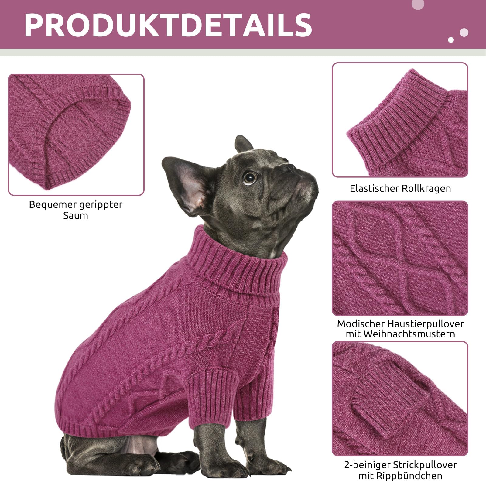 Queenmore Maglioncino Cane Bassotto Caldo Elastico Collo Alto Ritorto per Chihuahua, Bulldog Francese, Barboncino - Taglia L, Prugna