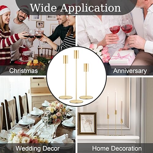 Miniatura 5 de Juego de 3 portavelas de oro francés, portavelas cónico decorativo para bodas, cenas, fiestas, se adapta a velas de 34 pulgadas de grosor