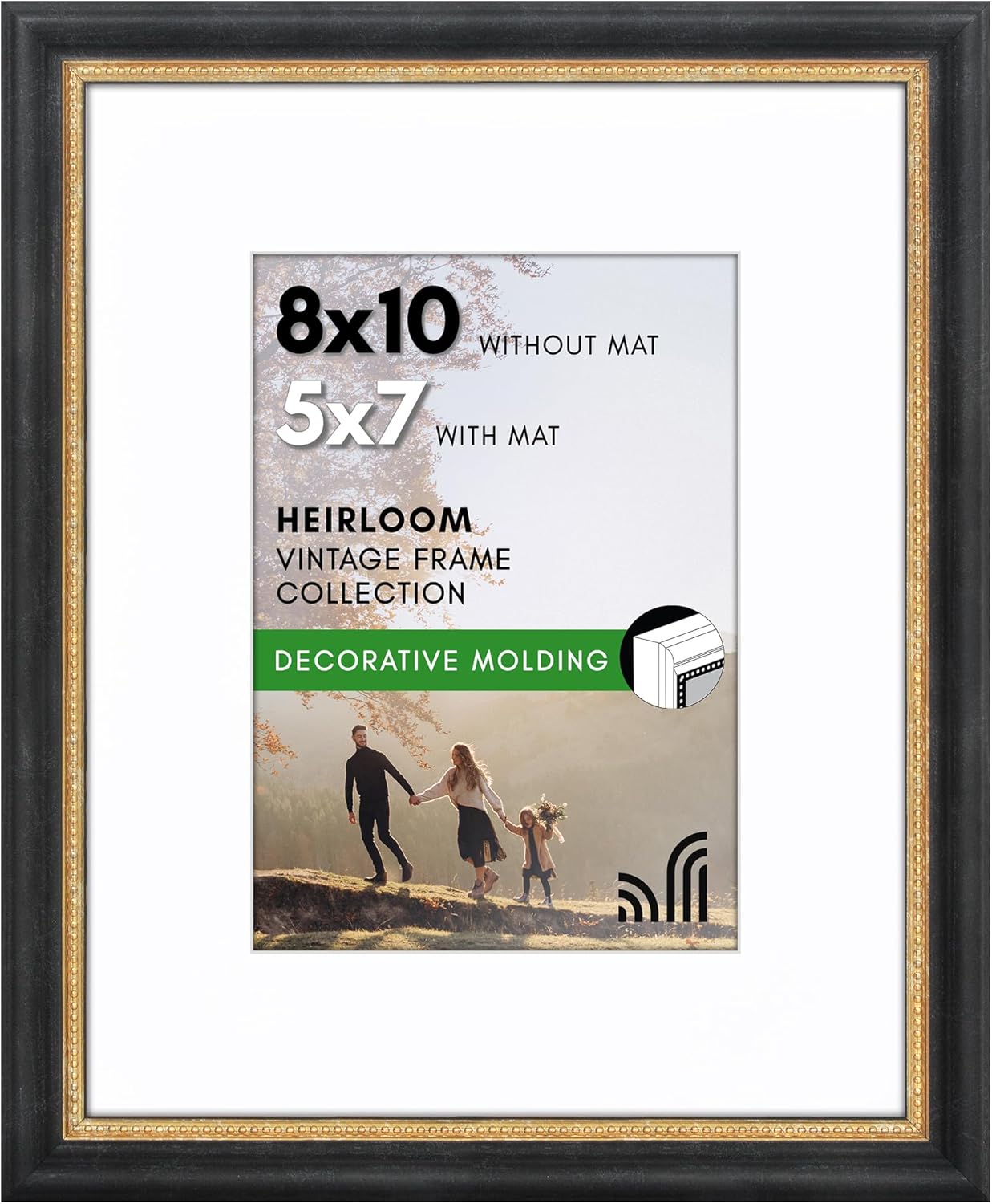 Americanflat Vintage Frames - 8x10 Picture Frame with Beaded Accents and Shatter-Resistant Glass - Use as 5x7 Frame or Display 8x10 Photos Without Mat - Heirloom Collection - Black Gold