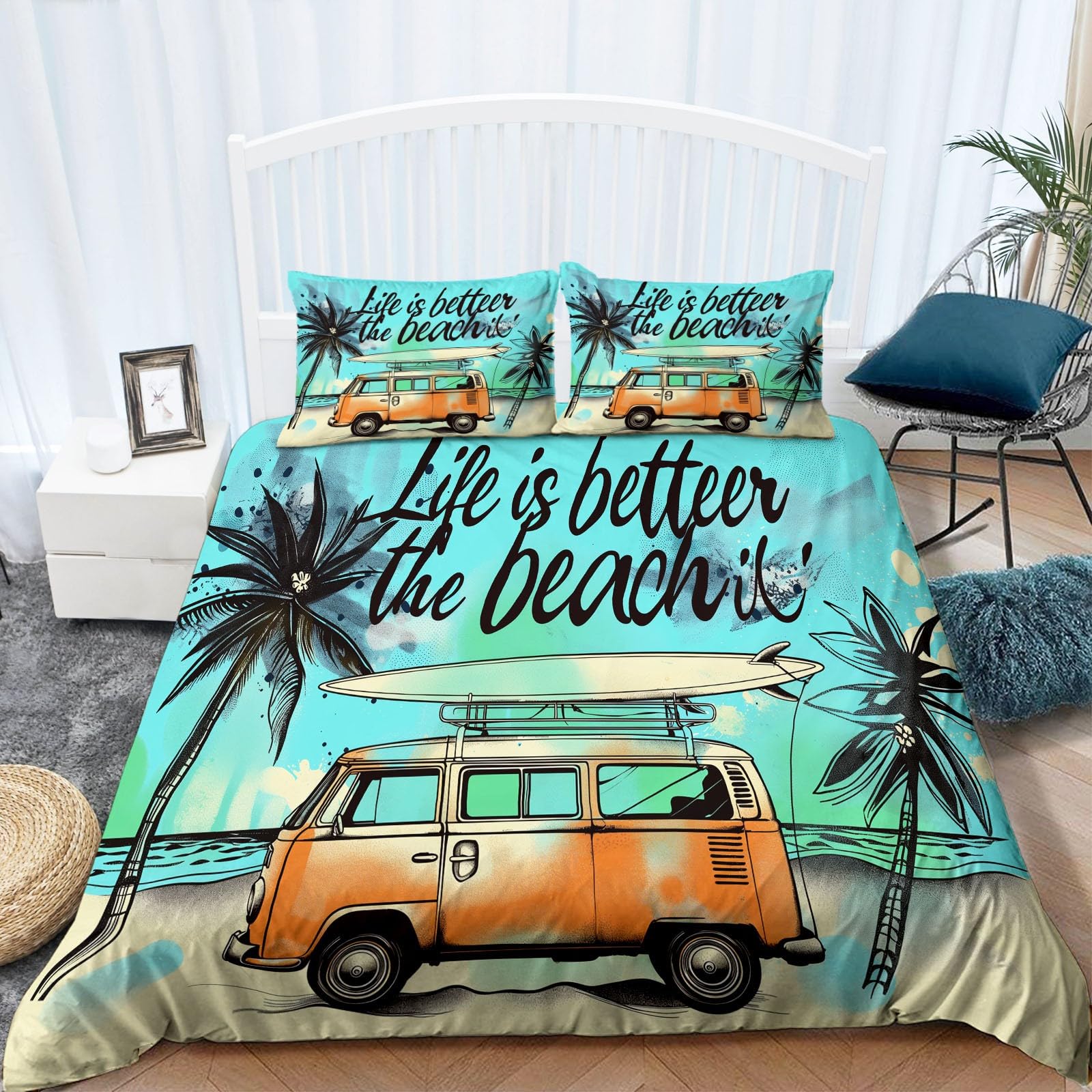 Housse de Couette 200 x 200 cm - Parure de Lit 2 Personnes Van de Plage Cocotiers, Ultra Douce et Respirante, Linge de Lit Coloré avec Fermeture Éclair, Inclut 2 Taies d'oreiller 65 x 65 cm