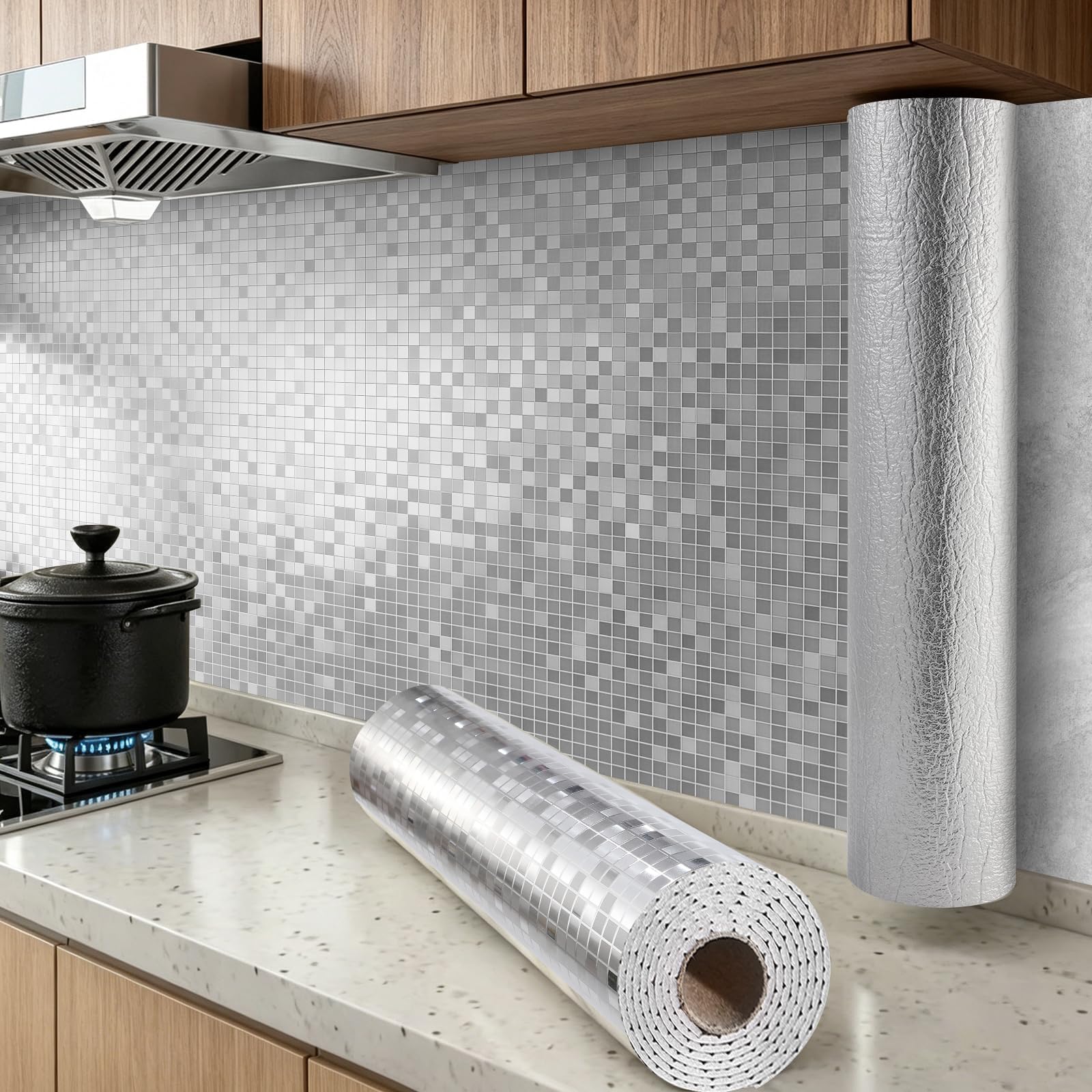 2Roll Metallic Silver Glitter Mosaic Peel and Stick Wallpaper Self Adhesive Wallpaper For Kitchen Bathroom 2.2mm Thick Thermal Waterproof Insulate Sticky Back Plastic Vinyl Removable Wall Paper Roll
