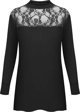 WearAll Plus Size Women's Lace Turtle Neck Top Black 810 at Amazon