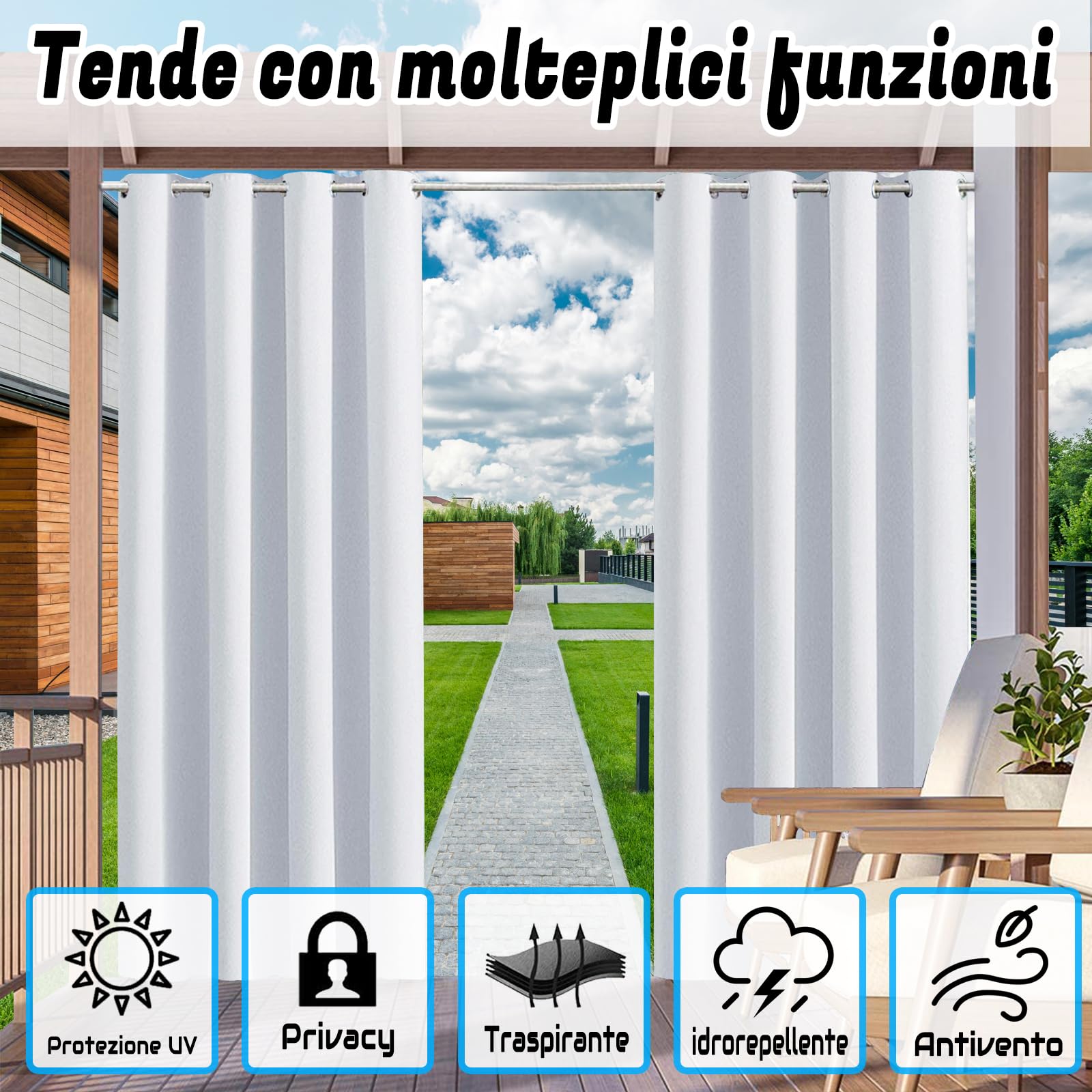 Tende da Sole per Esterno con Anelli - 1 Pezzo. Tessuto antivento, idrorepellente, 23 Colori, Protezione Solare Privacy per Balcone Gazebo Pergola Veranda - 254L x 241A cm