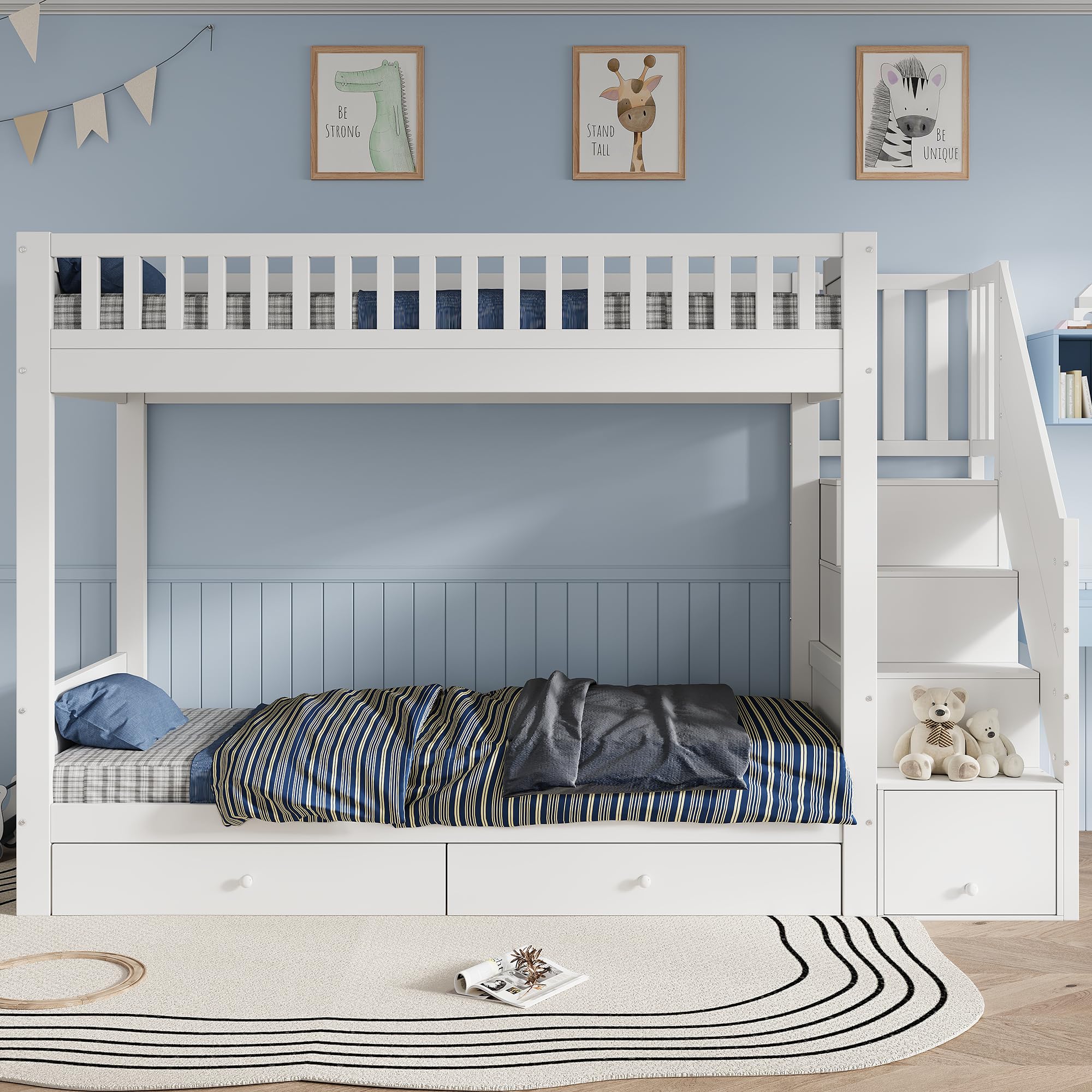Litera blanca para niños, 90 x 200 cm, de madera, con escalera de almacenamiento, 2 cajoneras, protección contra caídas, cama alta para habitación infantil, sin colchón