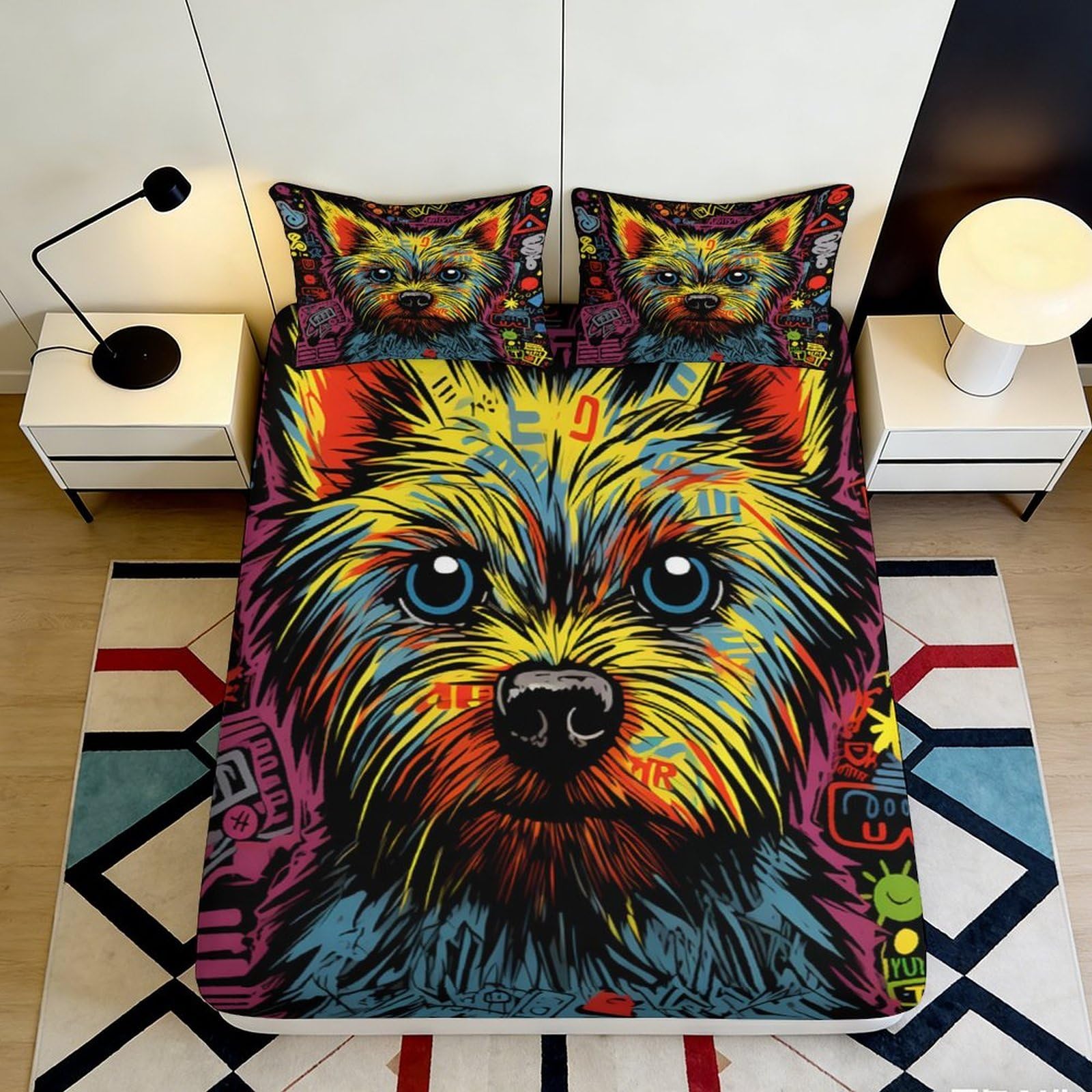 3D Printed Colorful Dog Art Fitted Sheet Microfiber Soft Breathable Pop Graffiti Mattress Cover for Bedroom Dorm Decor 140x200x25cm