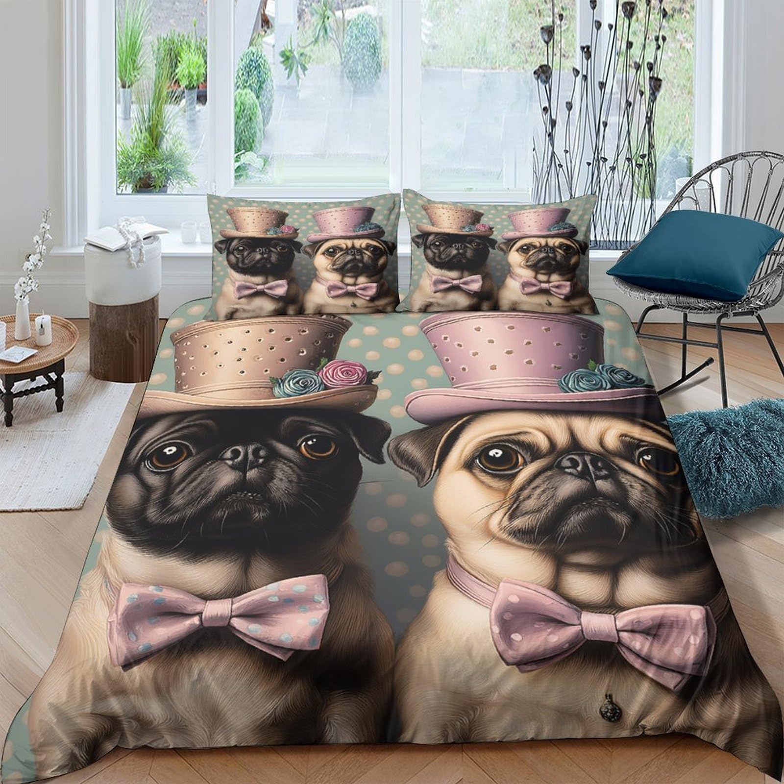 Ctjqhvkz Style-1 3D Printed Dapper Pug Fitted Sheet Microfiber Cute Bowler Hat Dog Mattress Cover For Bedroom Guest Room Decor Easy Care Single（135X200cm）