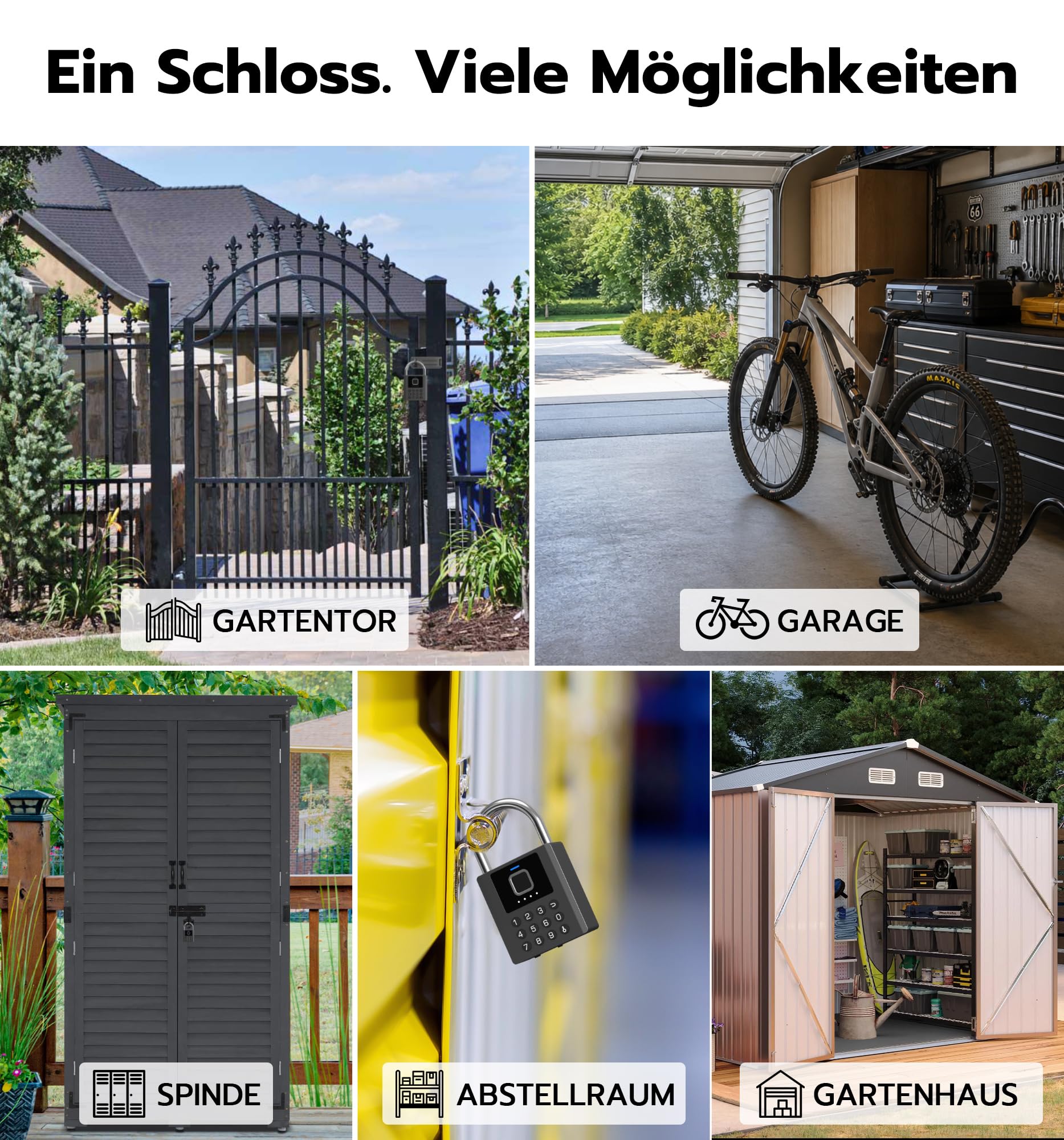 Smartes Fingerabdruck-Vorhängeschloss mit App & PIN-Code | 5-in-1 Öffnung mit Fingerabdruck, PIN, App, Apple Watch & Schlüssel. IP67 wetterfest, USB-C Akku für Garage, Garten & Spind.