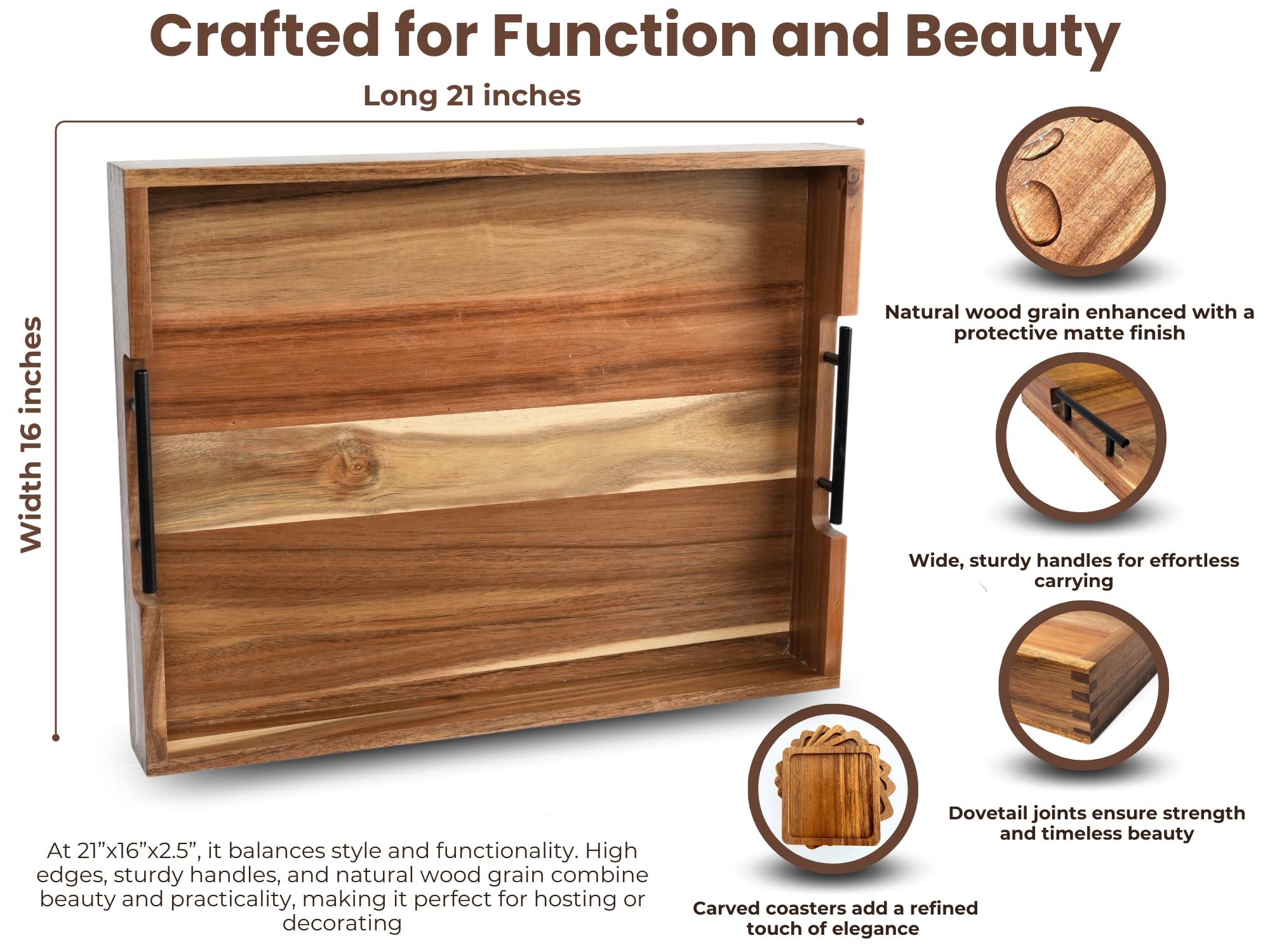 Bandeja otomana de madera de acacia para sala de estar, mesa de café grande de 21 pulgadas con asas y juego de 6 posavasos, perfecta para alimentos, bebidas, cocina y decoración del hogar