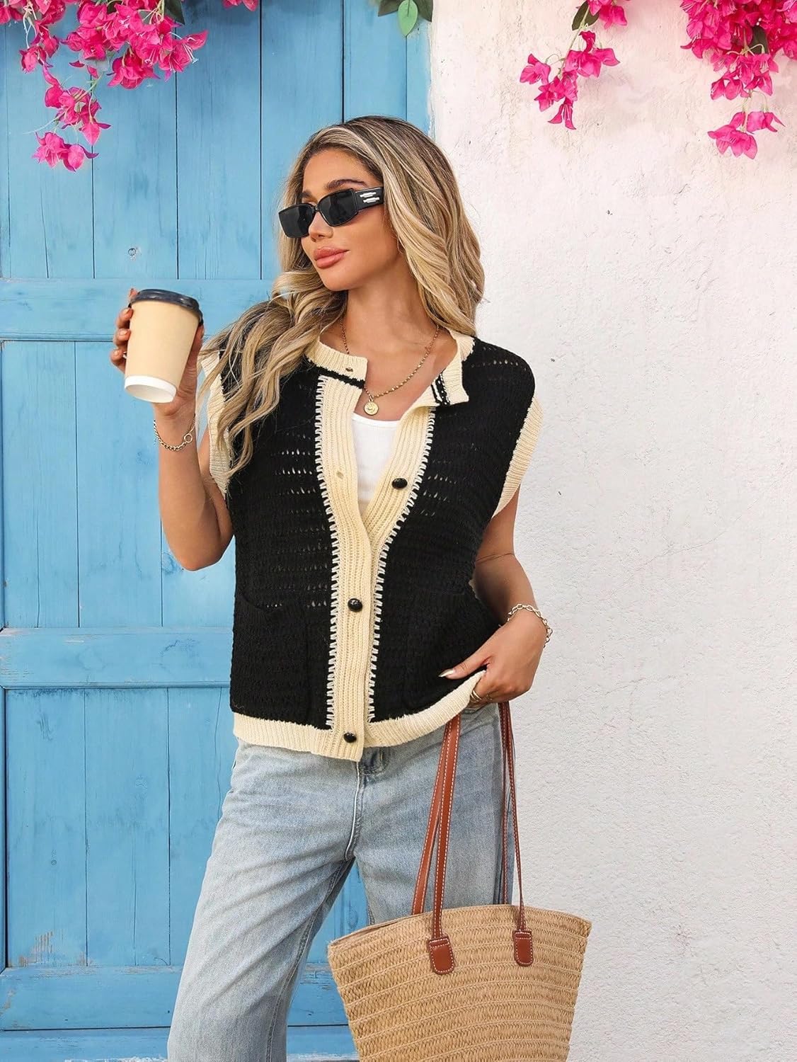 Women Fall Trendy Casual Colorblock Knit Vest Tops Sweater Vest Top