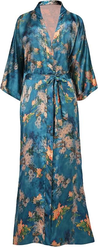 BABEYOND Bata de kimono de satén para mujer, ropa larga floral con bolsillos | Tela Sedosa, Cierre De Lazo, Longitud Del Tobillo, Patrón De Peonía, Ropa De Playa, Ropa De Dormir, Bata, Ropa De Salón