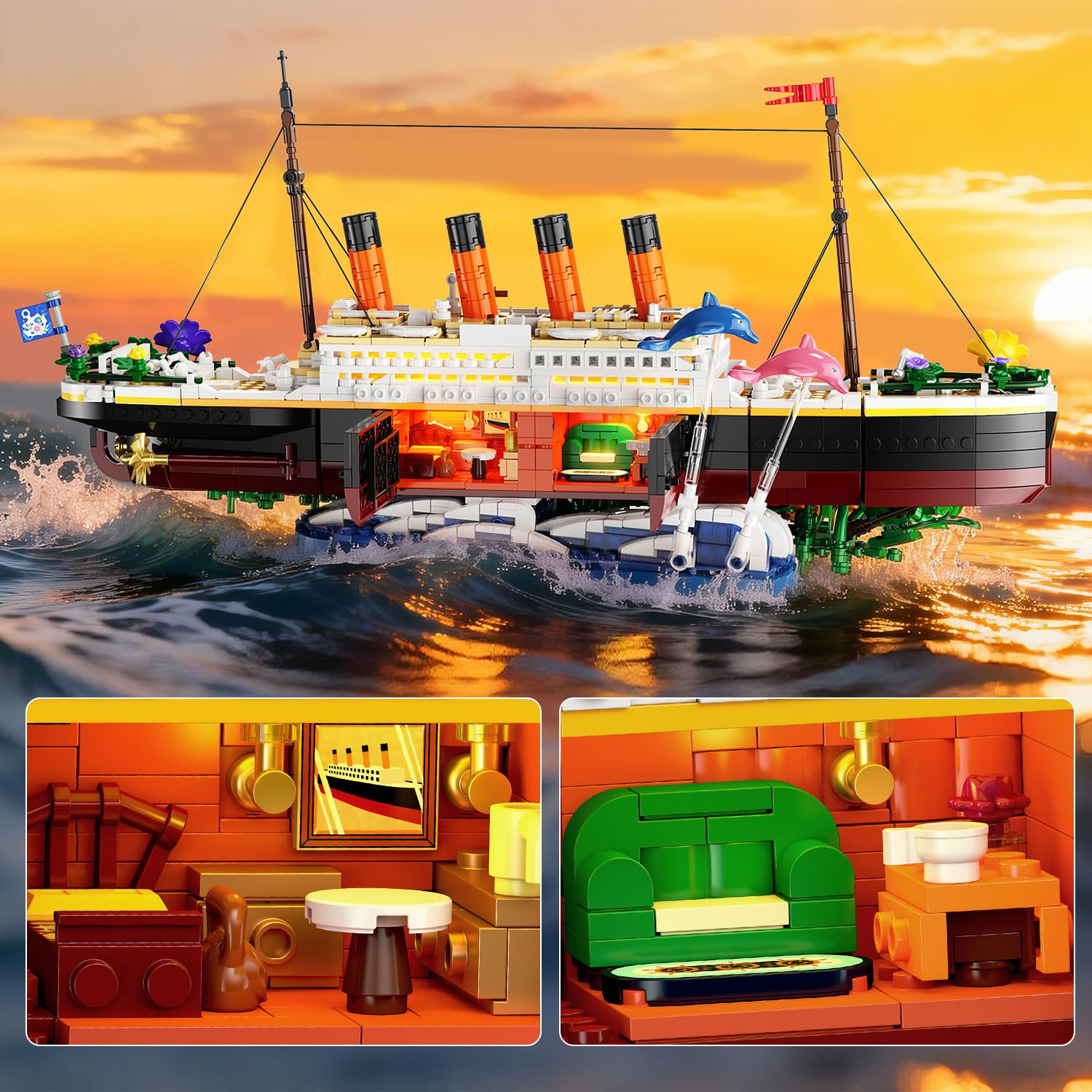 INSOON Blumen Titanic Juguete de construcción con luz, barco Titanic con flores, delfines botánicos, 1860 piezas modelo de barco, ladrillos de sujeción, regalo para adultos, niños, niños y niños