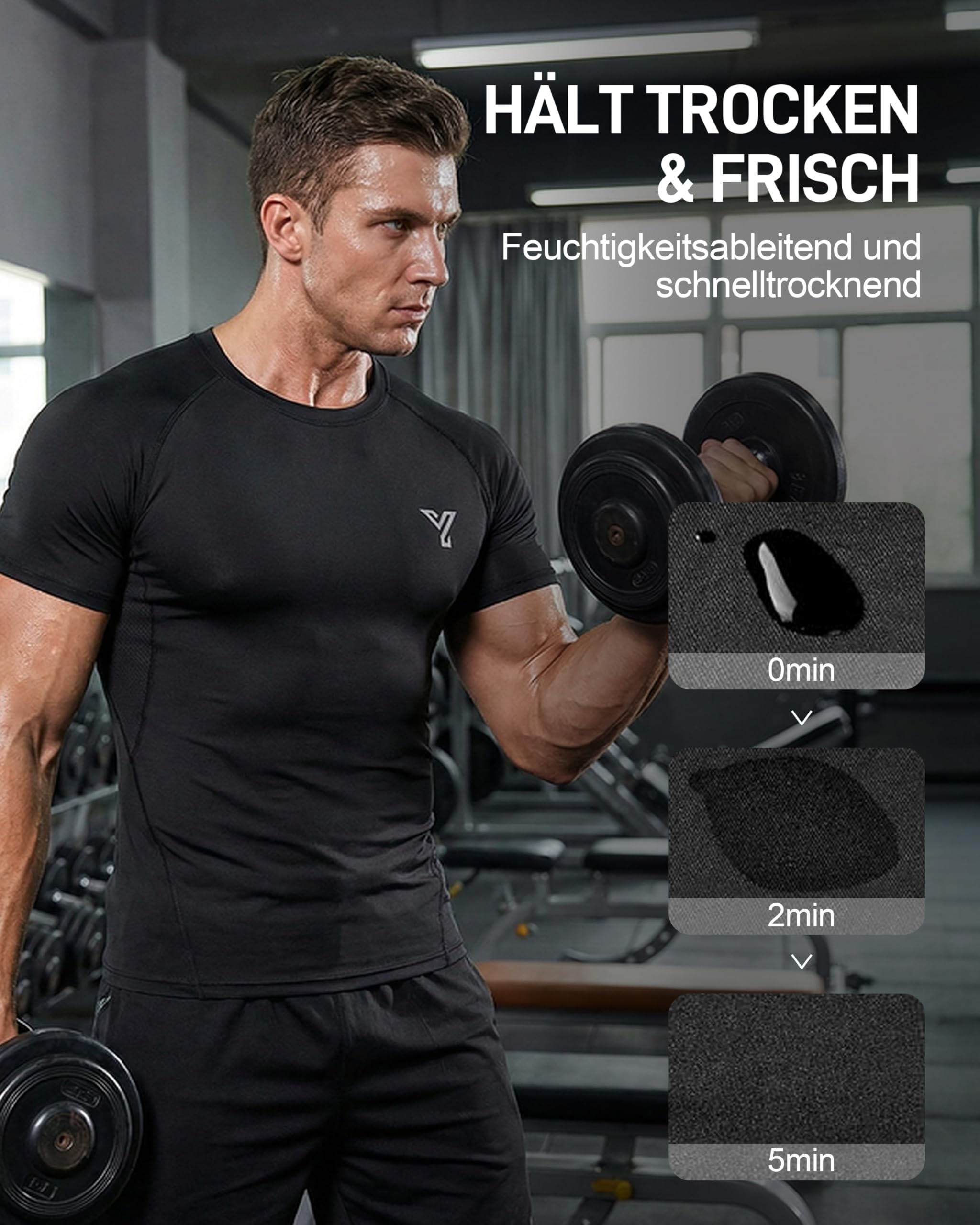 YESWEL Camiseta Compresiva Masculina Pack 5 Unidades, Manga Corta, Tejido Funcional Transpirable, Secado RáPido, Prenda Interior Ligera Ideal para Correr, Entrenamiento Y Gimnasio (M - XL)