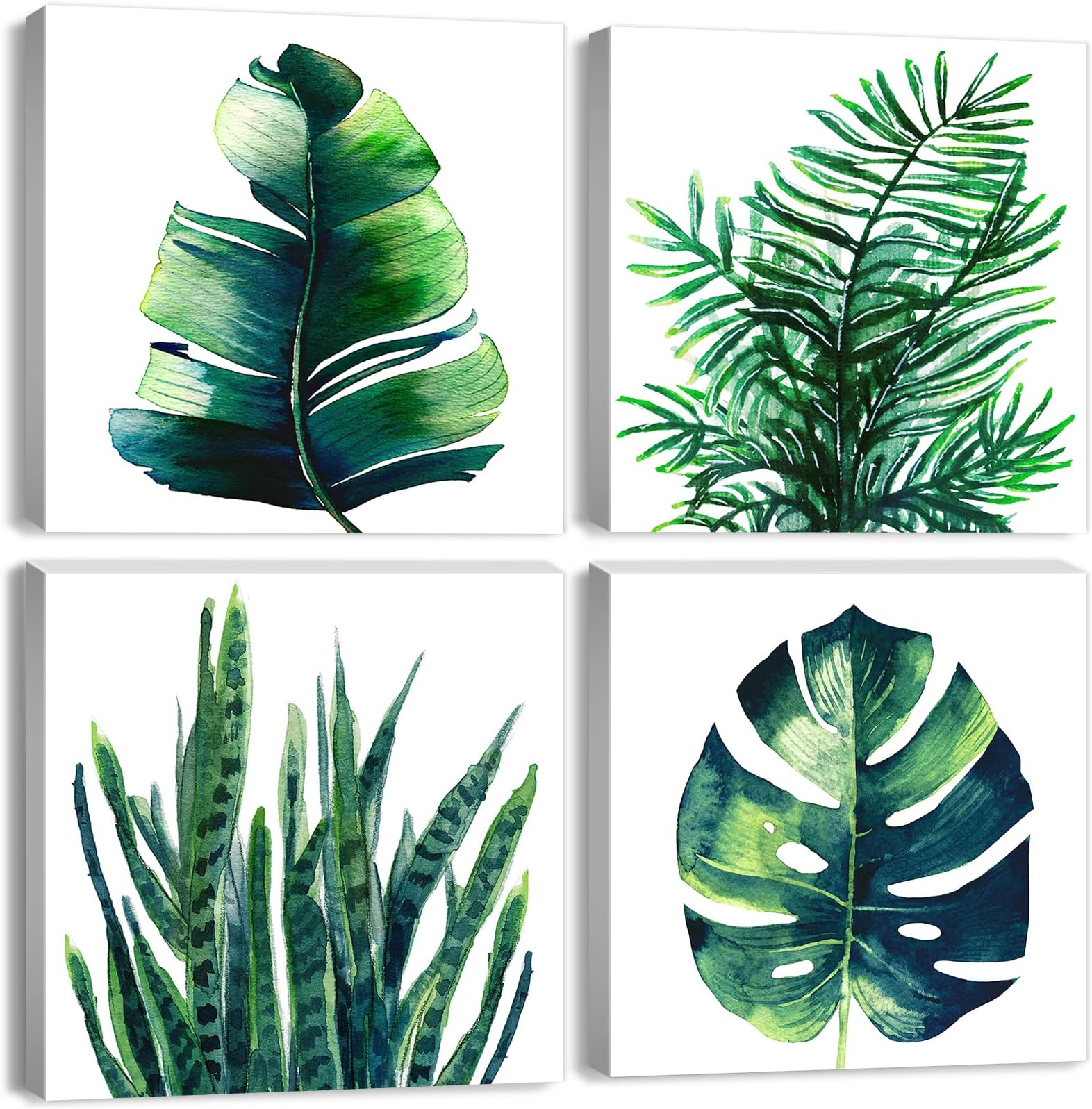 Boho Tropical Wall Art Bathroom Decor Green Plant Pictures Wall Decor for Living Room Minimalist Botanical Leaf Canvas Artworks Kitchen Sage Monstera Framed Poster Bedroom Home Decorations 12x12" 4Pcs