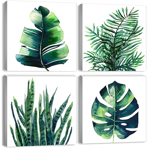 Nature Wall Art Green Plant Wall Decor Tropical Botanical Leaves Pictures Canvas Prints Bedroom Minimalist Boho Sage Monstera Leaf Painting Artwork for Bathroom Living Room Home Decorations 8x8” 4 Pcs