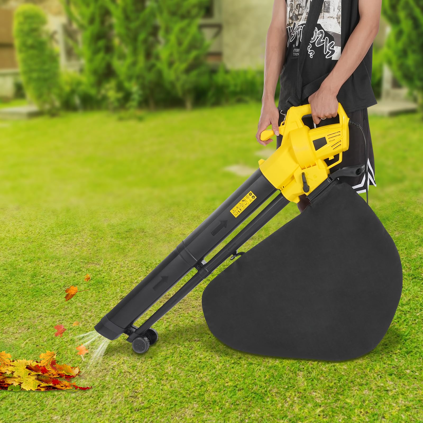 Aspirapolvere elettrico da 3000 W, 2 in 1, con trituratore e sacco da 35 l, potente ventilatore per foglie, 270 km/h, per giardino, cortile e terrazza, con ruote, tracolla e spina europea (max