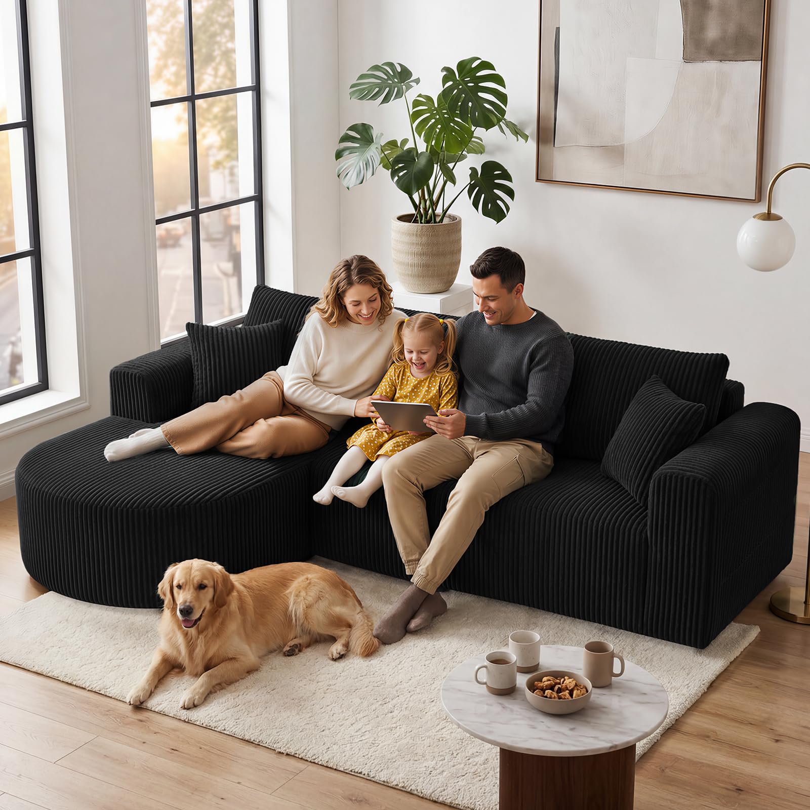 COMHOMA Sofá esquinero con función de dormir, 243 cm, sofá modular sin boneless con chaise longue, sofá cama seccional con cojines y bolsillos laterales, sofá para salón, sin montaje, color negro