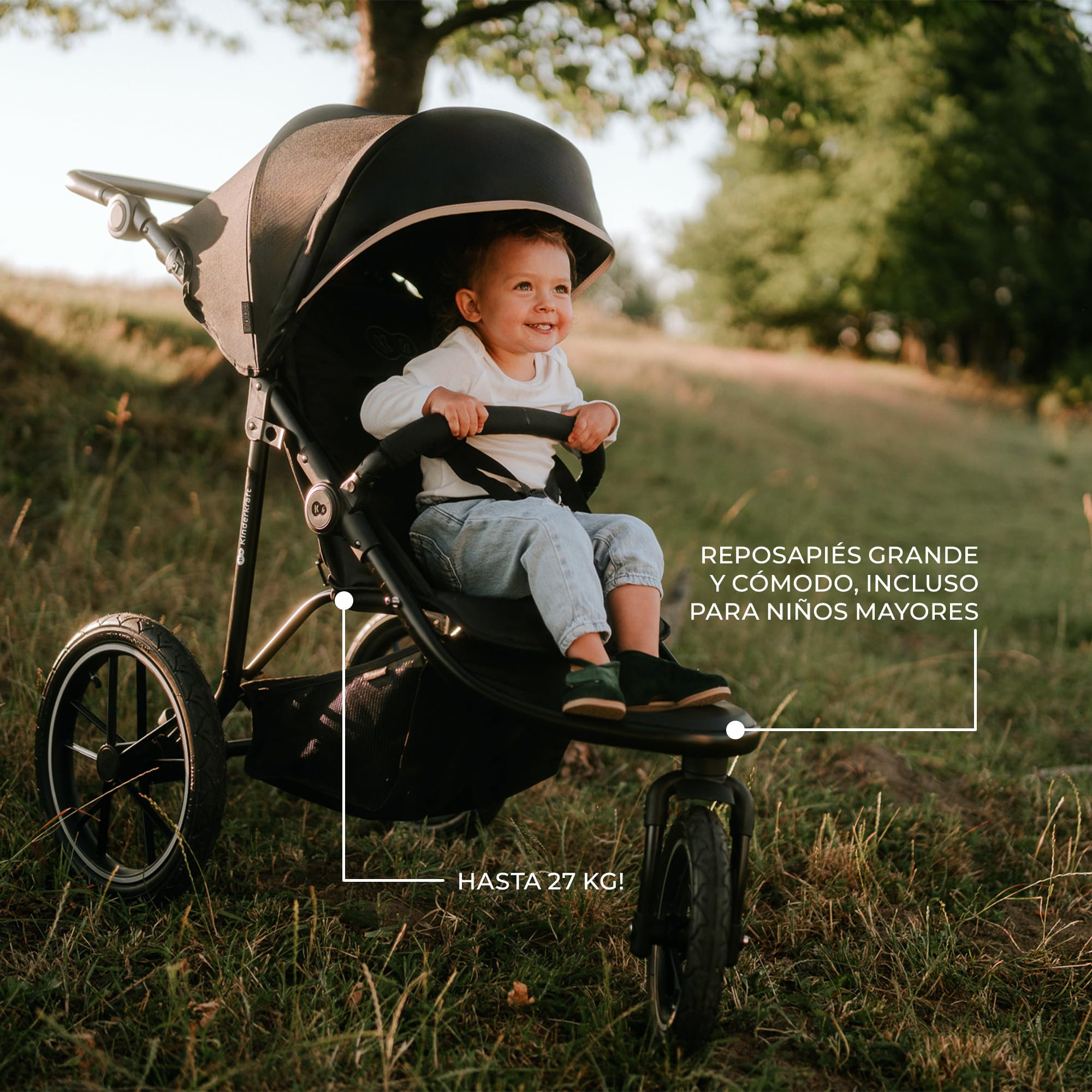 Kinderkraft HELSI 2, Jogger, Silla de Paseo, Para Bebés, 3 Ruedas, Para cada Terreno, Desde el Nacimiento hasta 22 Kg, Rueads Neumaticas, Off Road, Cesta Grande, Gris
