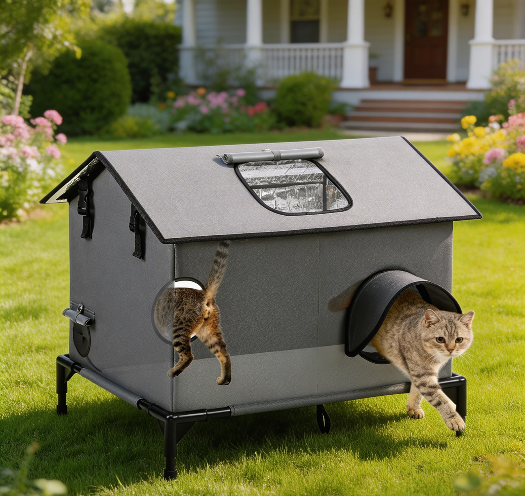 Extra Large Outdoor Cat House, Weatherproof Insulated Indoor Outside Multi-Cat House with Escape Door & Elevated Base, W