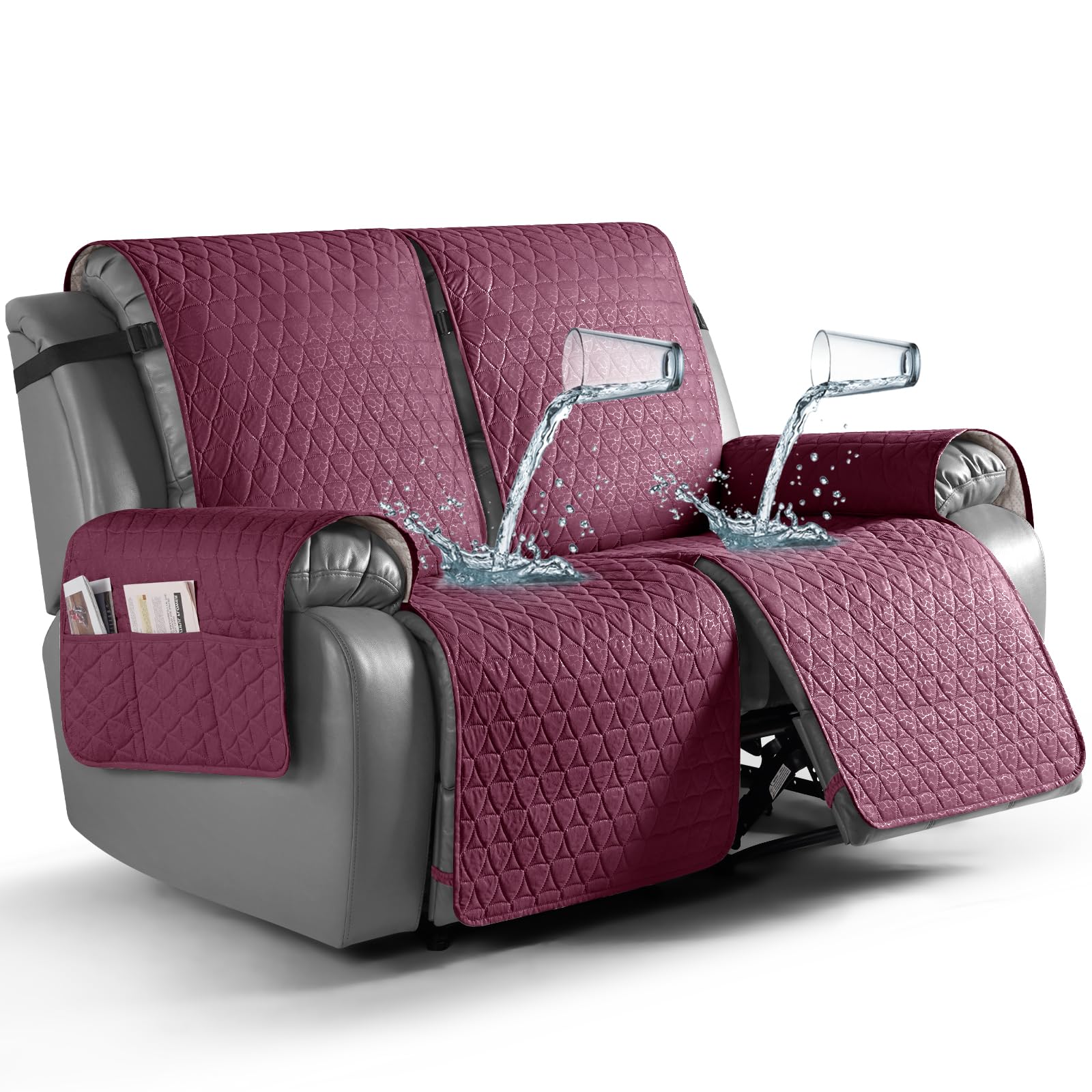 TAOCOCO 100% Waterproof Recliner Cover, Non-Slip Washable Reclining Couch Cover with Elastic Leg Straps, Furniture Protector for Dogs (Wine, 2 Seater)