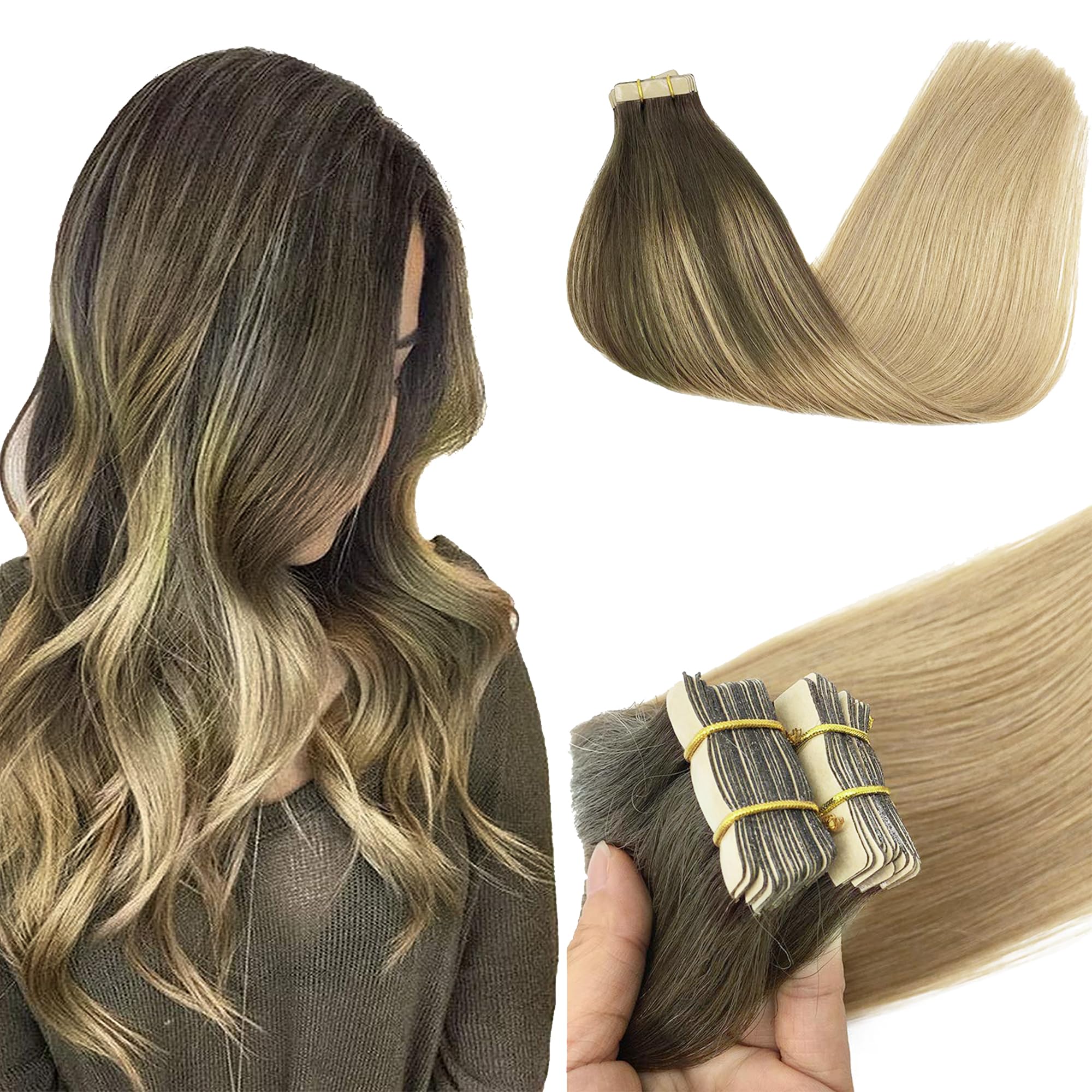 GOO GOO Tape in Hair Extensions Human Hair, 20pcs 50g 16inch, Balayage Chocolate Brown to Strawberry Blonde Real Remy Hair Extensions Seamless Straight Human Hair Extensions — view 15