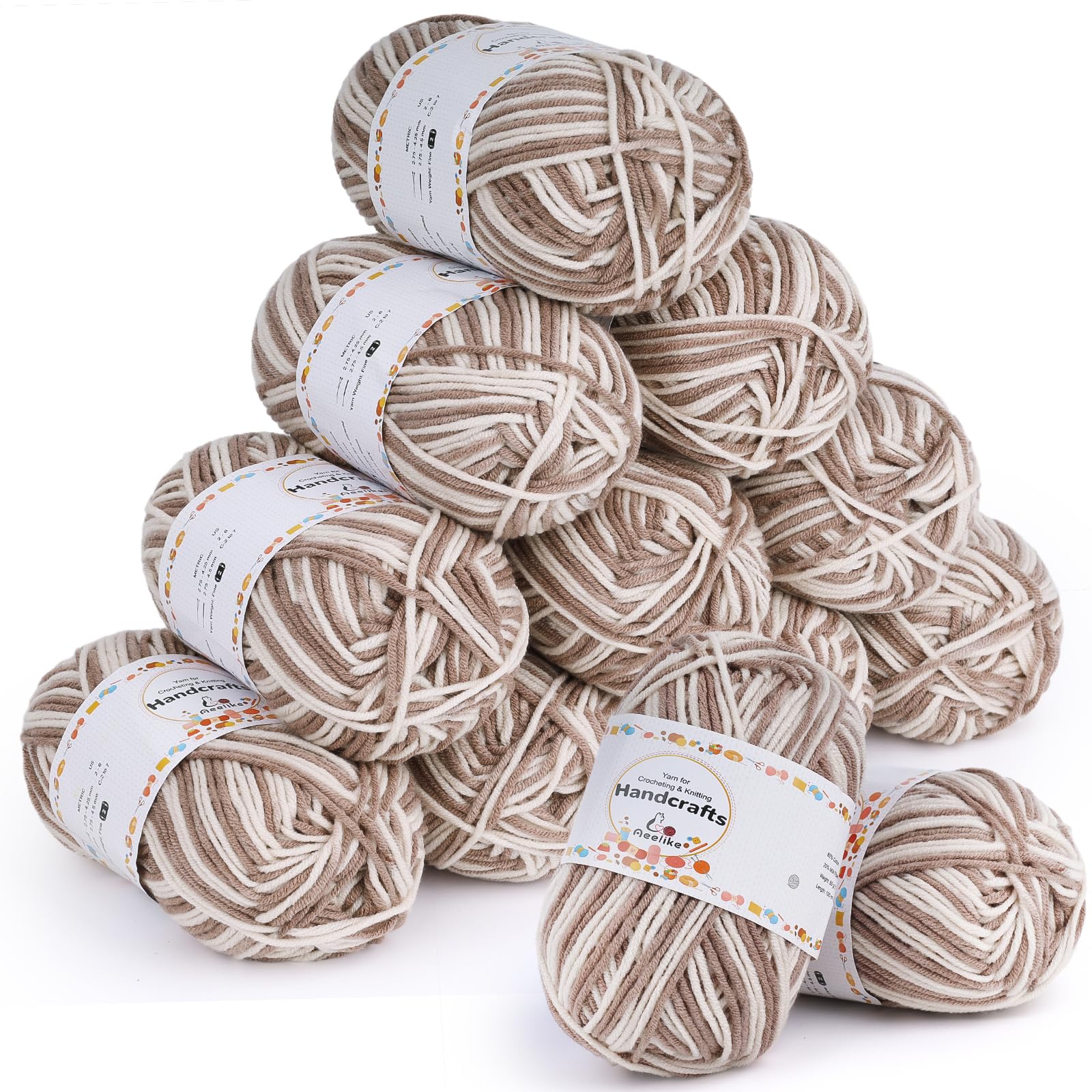 Aeelike 600 g (12 x 50 g) Wool Colour Gradient Cotton Yarn for Crocheting, Light Khaki — image 1