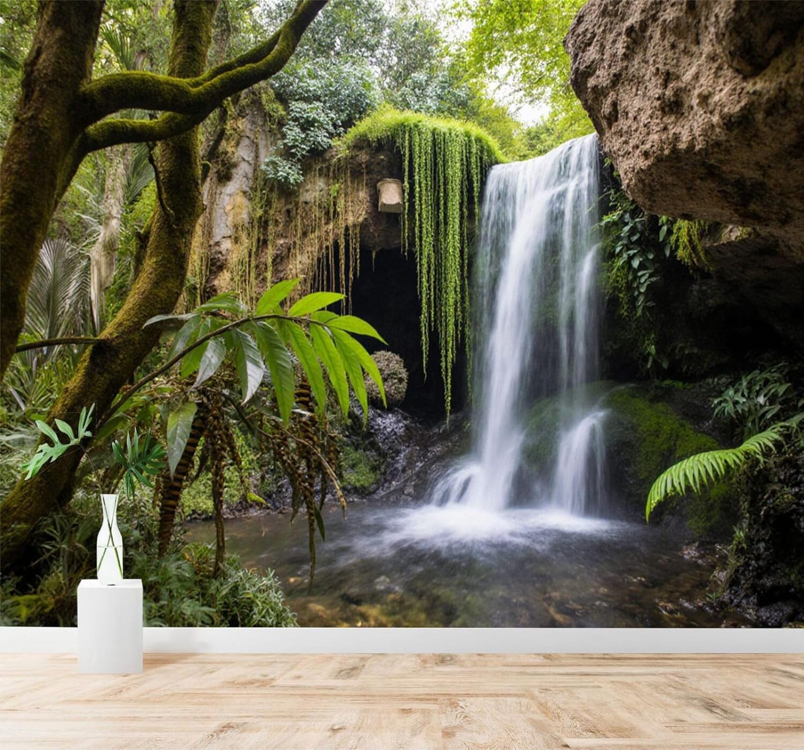 Xlming 250Cm×170Cm(B×H) Fresh Tropical Forest Waterfall Greenery Moss Covered Rocks 3D Wallpaper Premium Textured Silk Study Dining Living Room Bedroom Sofa Tv Wall Easy Install-250Cm×170Cm
