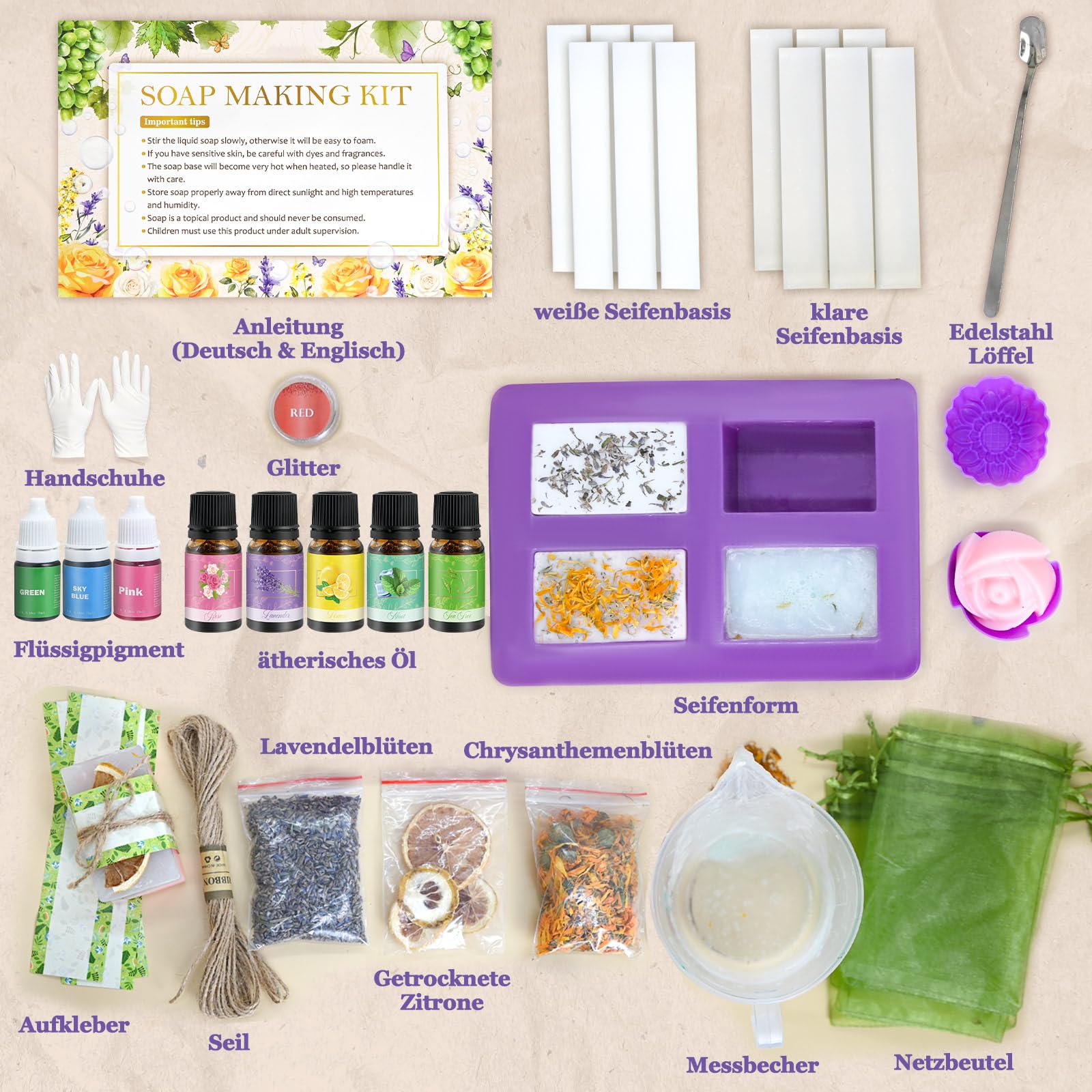 Vezerd Seife Selber Machen, Kreative Bastelset Erwachsene DIY Set Seifenherstellung mit Seifenform, Seifenbasis und Rohseife, Badebomben Seifen Soap Making Kit für Anfänger, Als Geschenk