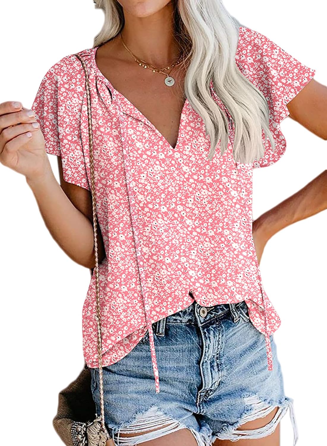 SimpleFun Women's Boho Tops Floral V Neck Short Sleeve Summer Blouse Shirts
