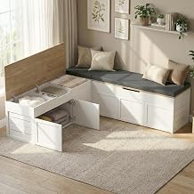 Kikihouse L-Shaped Corner Storage Bench with Cushion, Backless Wood Bench with Hidden Storage, for Dining Nook, Kitchen, Entryway, Cloakroom Bench+Light Gray Cushion