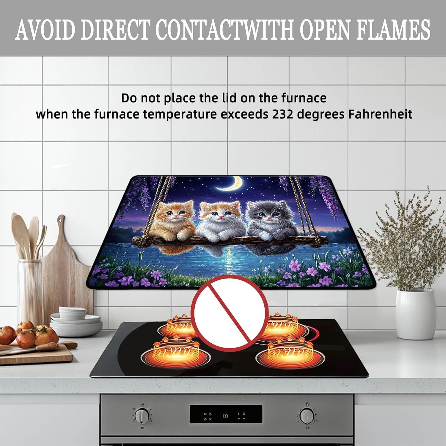 Cute Kitten Electric Stove Top Cover Protector,Moonlight Lake Stove Top Covers for Gas Burners,Lavender Cooktop Mat for Ceramic Glass Cooktop Protector,Glass Top Stove Cover