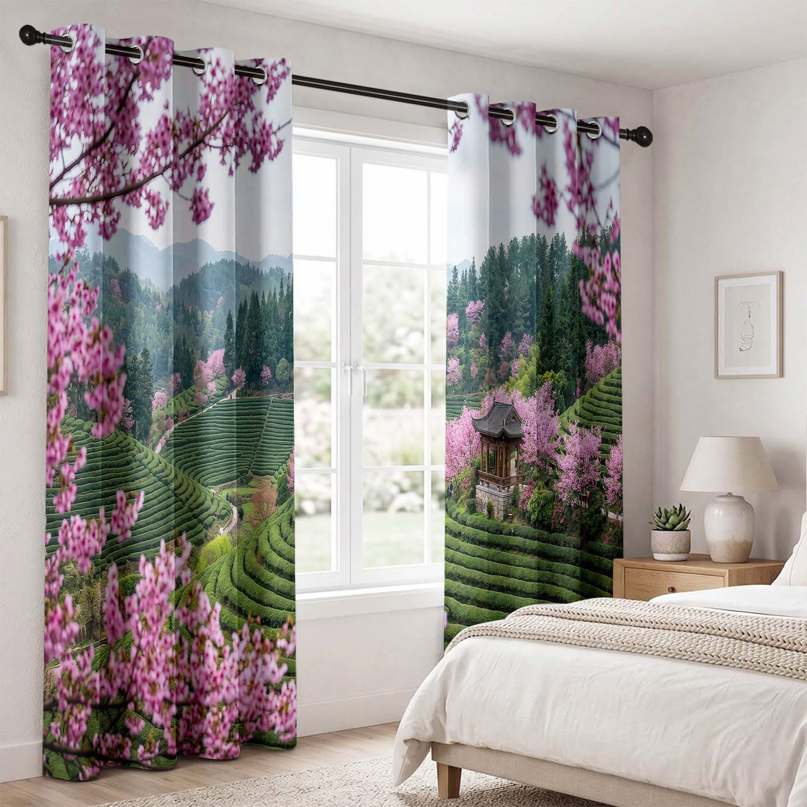 Kirschblüten Terrassenfelder Vorhäng mit Ösen, H175 x B140 cm (2er Pack)