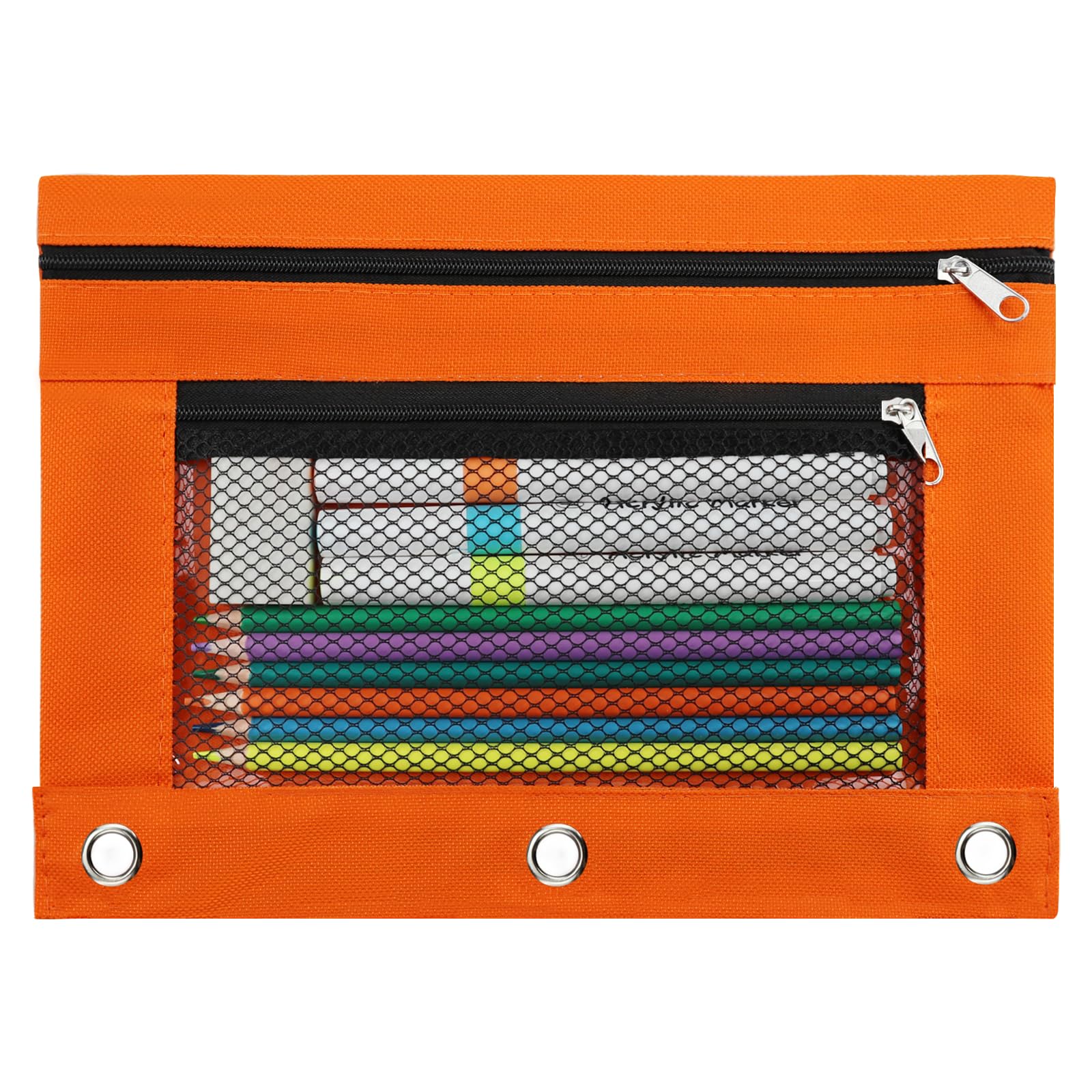 3 Ring Pencil Pouch for Binder, 2-Pocket Zipper Pencil Case with Clear Window &amp; Mesh Pocket, Heavy Duty 600D Oxford Fabric Binder Pouch for School Office Supplies, Fits Standard 3-Ring Binders, Orange