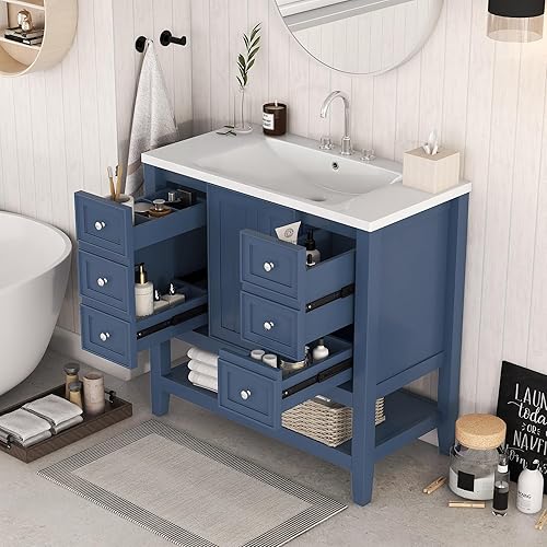 Miniatura 10 de Merax Mueble de baño de 36 pulgadas sin fregadero, base de gabinete solamente, armario de baño con puerta única y 6 cajones, color blanco