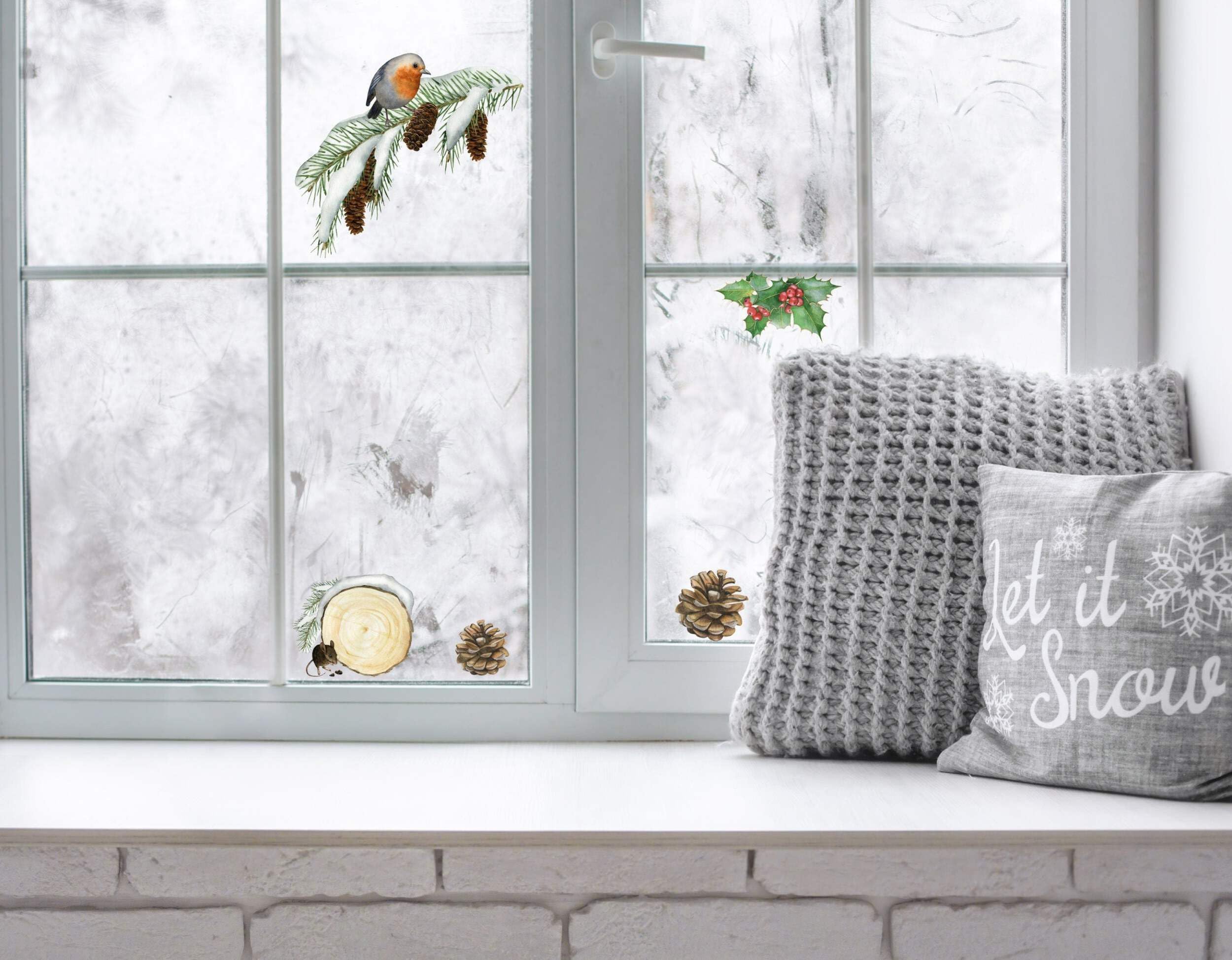 Quotemywall Green, Brown, White Watercolour Robin Mouse Holly Pinecones Christmas Window Stickers