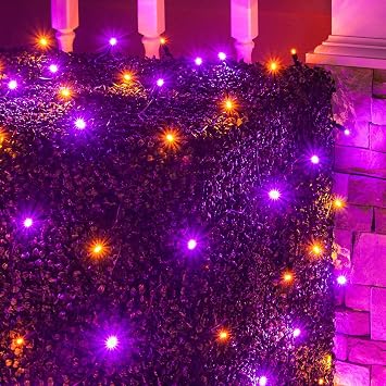 Wintergreen Lighting 100 Count Halloween Net Lights, 4 x 6 ft Purple and Orange LED Lights on Black Wire for Outdoor Halloween Decorations & Party Displays