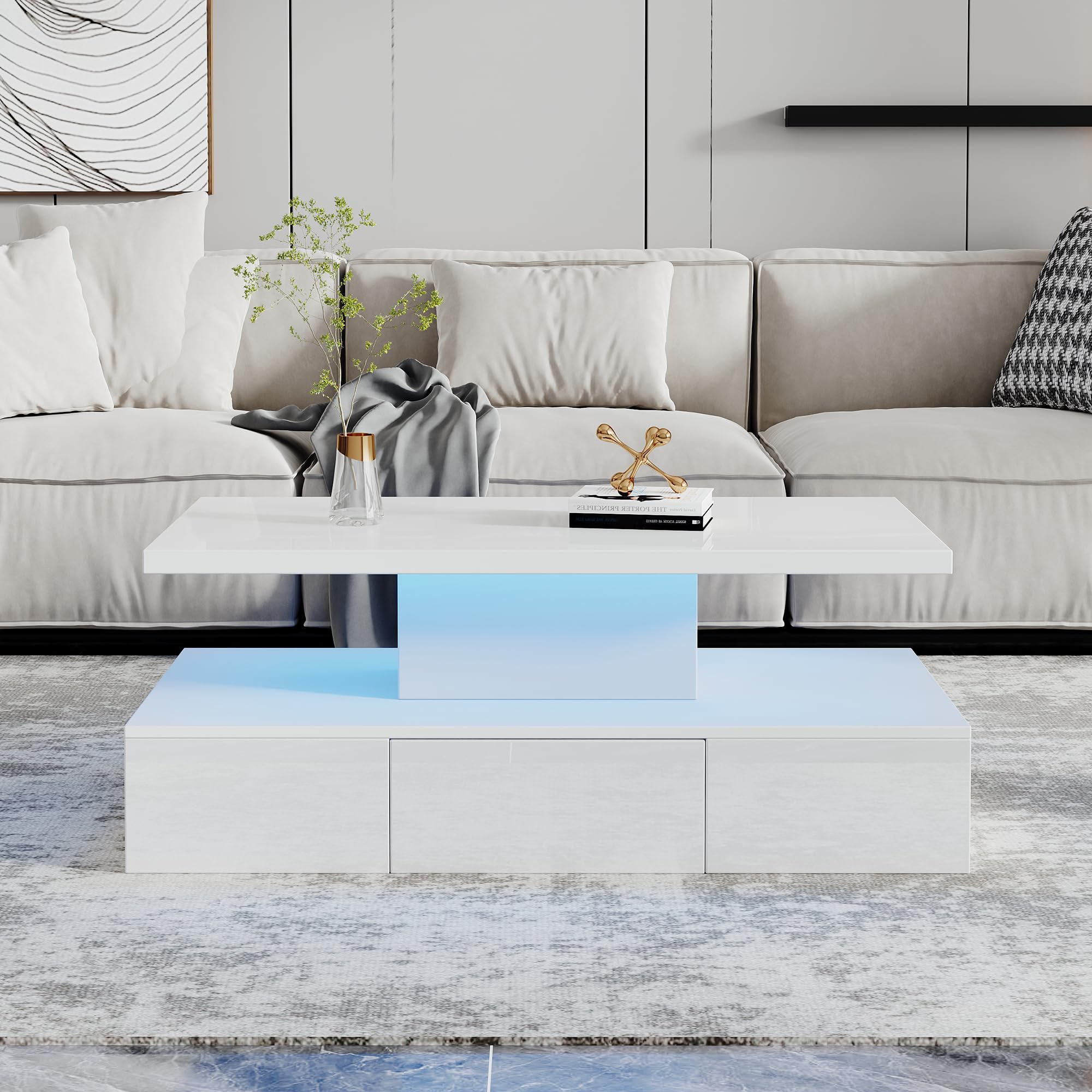Merax Couchtisch mit LED 100x50 cm, Hochglanz Sofatisch mit Schublade, Weiß Offenes Ablagefach und geräumige Schublade für eine übersichtliche Aufbewahrung.