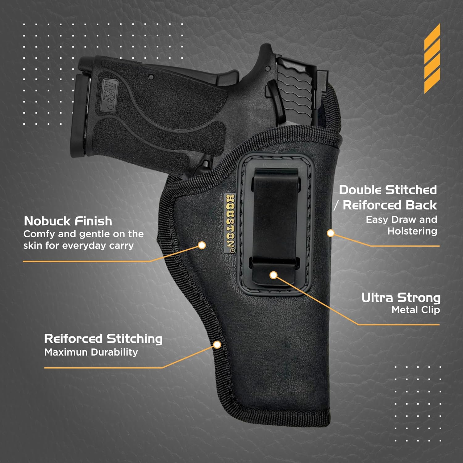 IWH Concealed Carry Holster Nobuck Eco Leather by Houston Fits: Glock 17/22/31/20/21, H&K USP/P2000, Beretta 92FS, XD, XDM, Ruger 9/40/45//P9S, S&W M&P 9/40/45, SIG P320/2020/250