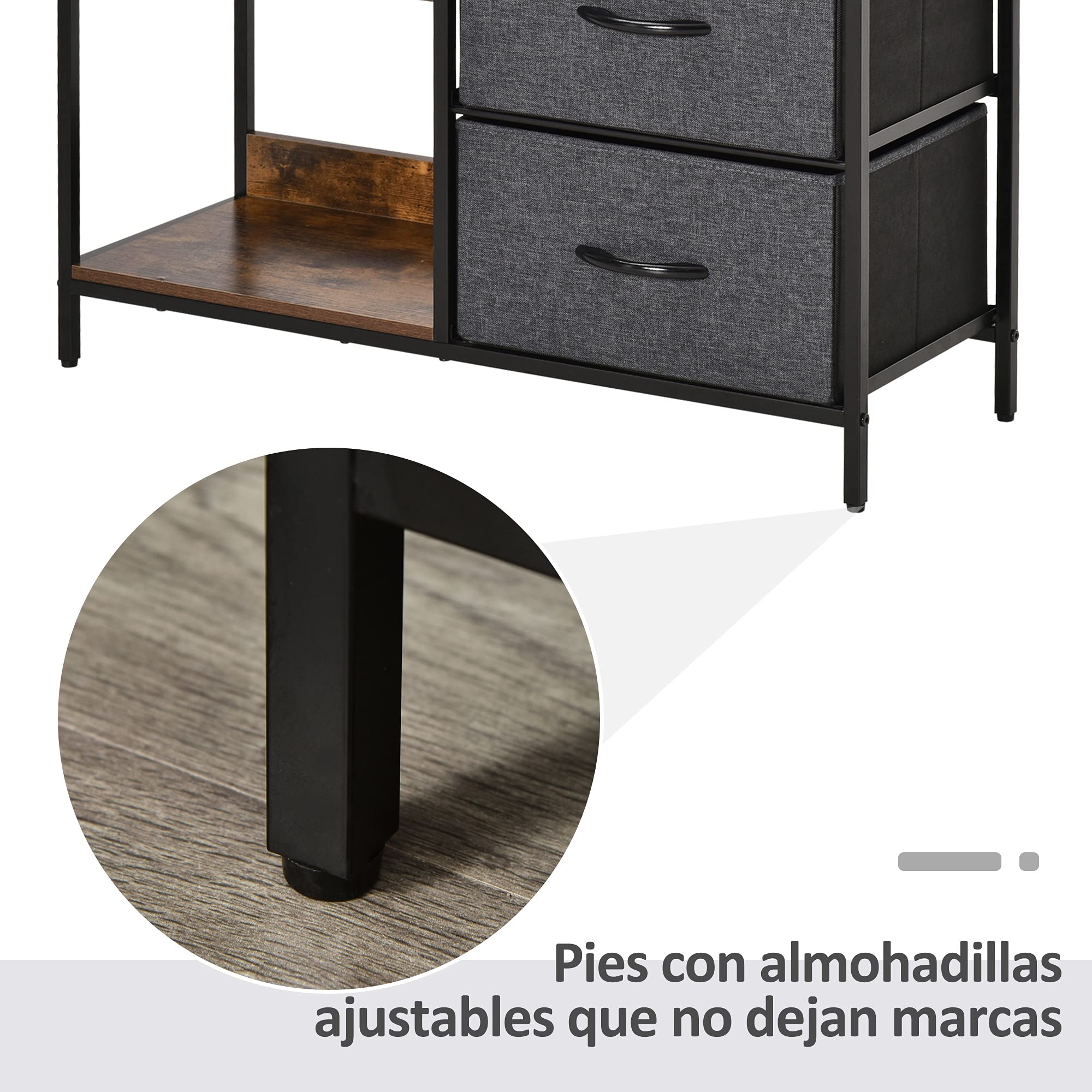 HOMCOM Cajonera de Tela Estrecha, Cómoda de Tela con 3 Cajones Plegables, 2 Estantes Abiertos y Amplia Encimera, Cómoda para Dormitorio, Salón y Pasillo, Marrón Rústico y Gris Oscuro
