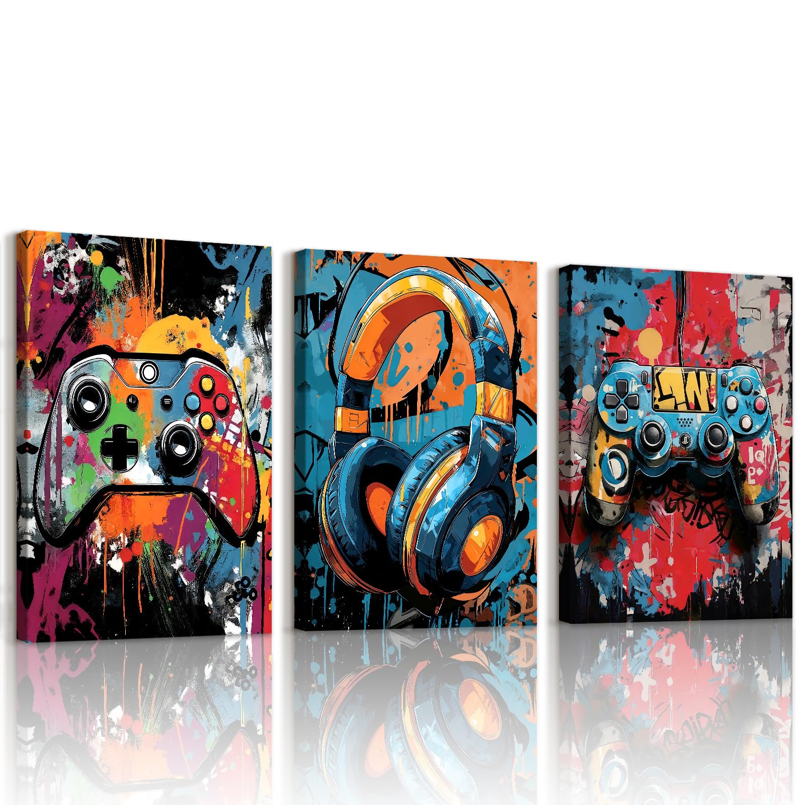 WENGTIAO Set of 3 Gaming Graffiti Canvas Wall Art Prints Framed, Colorful Cool Gaming Video Gamepad Pictures on Canvas for Men Teen Boys Room Bedroom Wall Decor 40x60cmx3