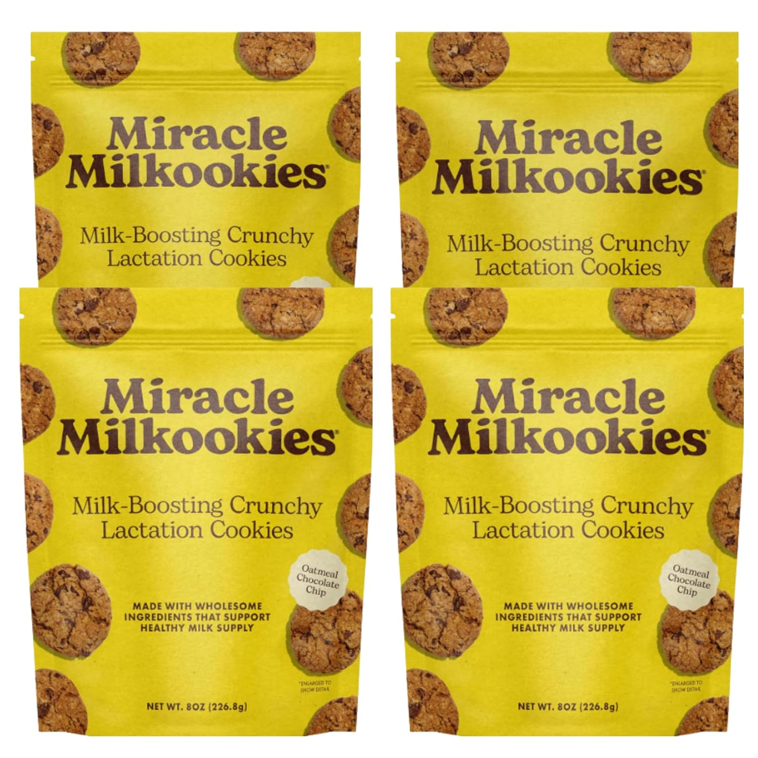 Miracle Mama Milkookies- Lactation Cookies  Oatmeal Chocolate Chip Support Milk Supply with Oats, Flaxseed & Brewers Yeast  Delicious, Nourishing Treat for Moms Pack of 4, 8 oz Bags
